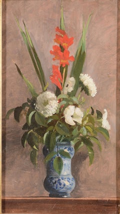 Stillleben mit Gladiolen, Blumenölgemälde in einer blauen Fayence-Vase