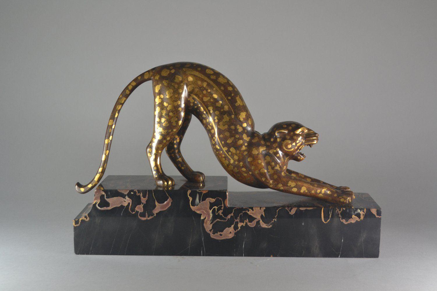 Art Deco Armand Lemo unique stretching panther bonze sculpture