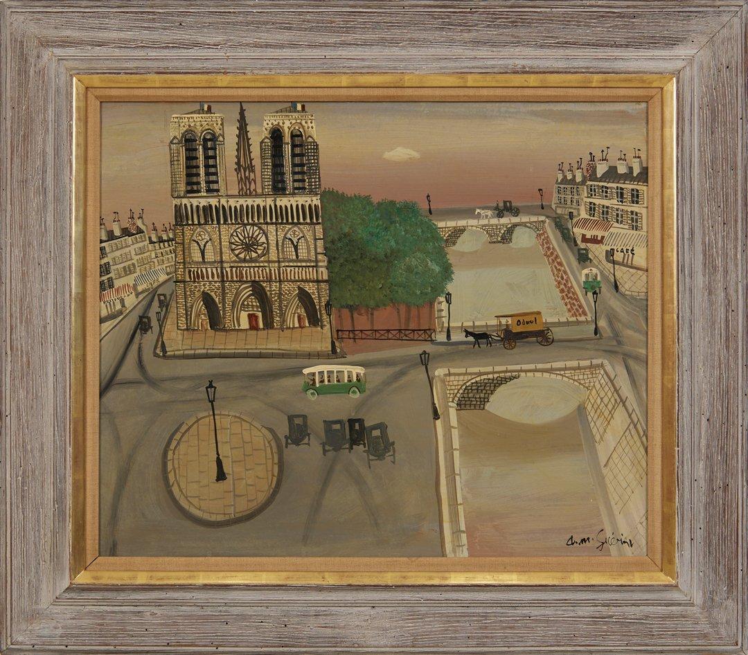 Paesaggio urbano di Notre Dame, Parigi con la Senna, artista francese del XX secolo - Painting di Armand Manago Guerin