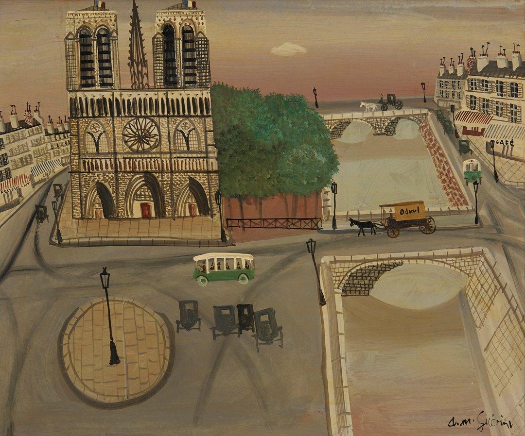 Figurative Painting di Armand Manago Guerin - Paesaggio urbano di Notre Dame, Parigi con la Senna, artista francese del XX secolo