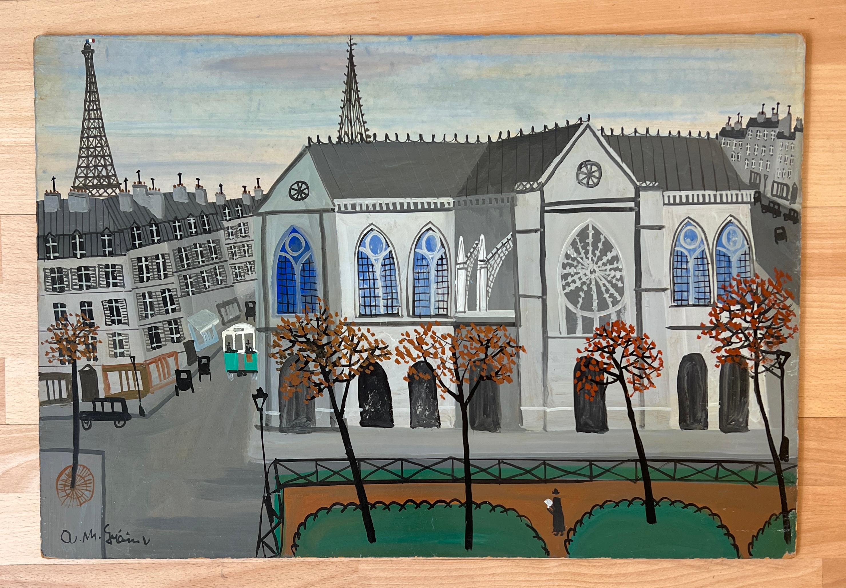 Piazza di fronte alla chiesa, Parigi - Painting di Armand Marie Guerin