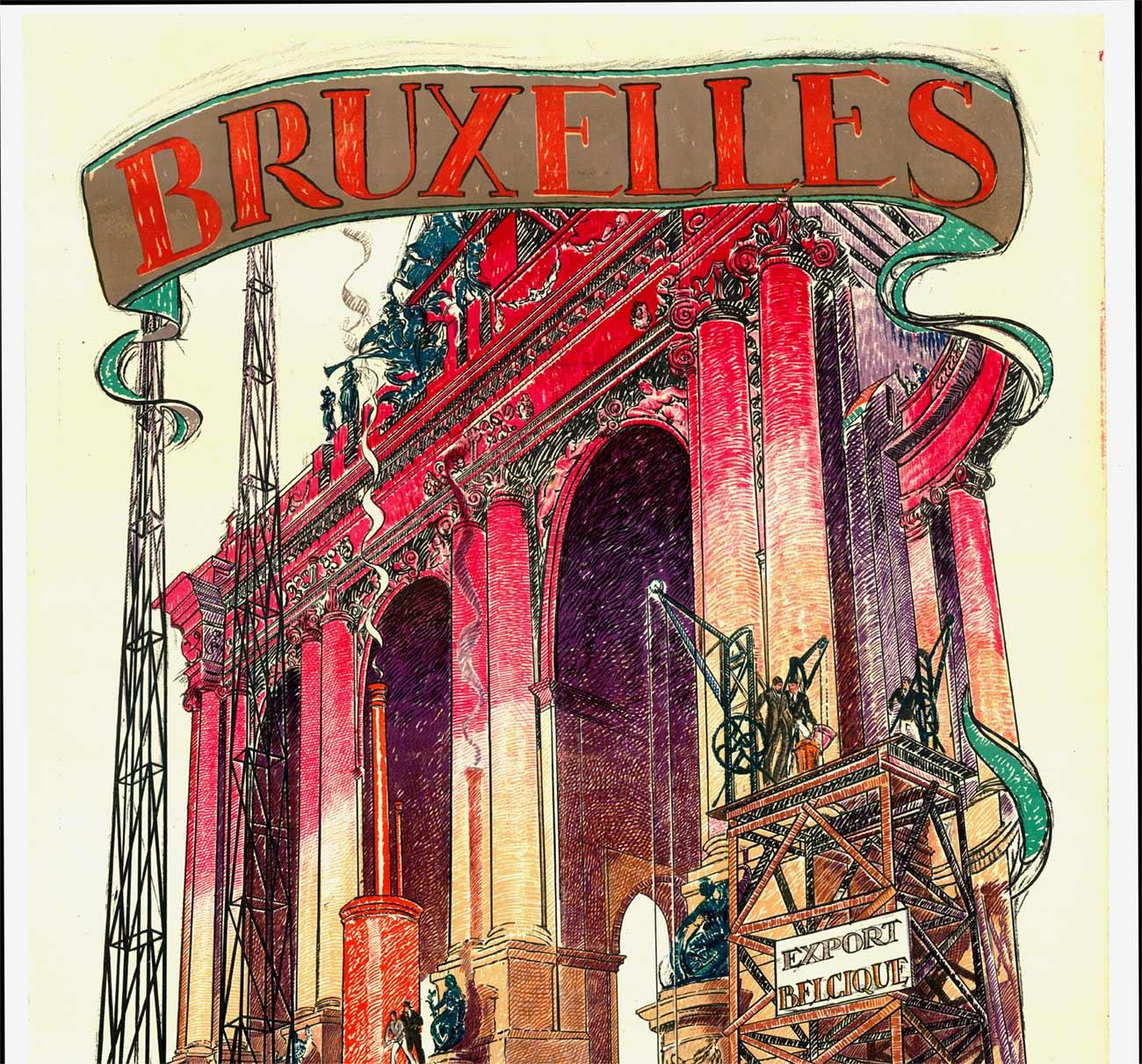 Original 1929 Bruzelles, 10. Foire Commerciale vintage Plakat mit Leinenunterlage – Print von Armand Massonet