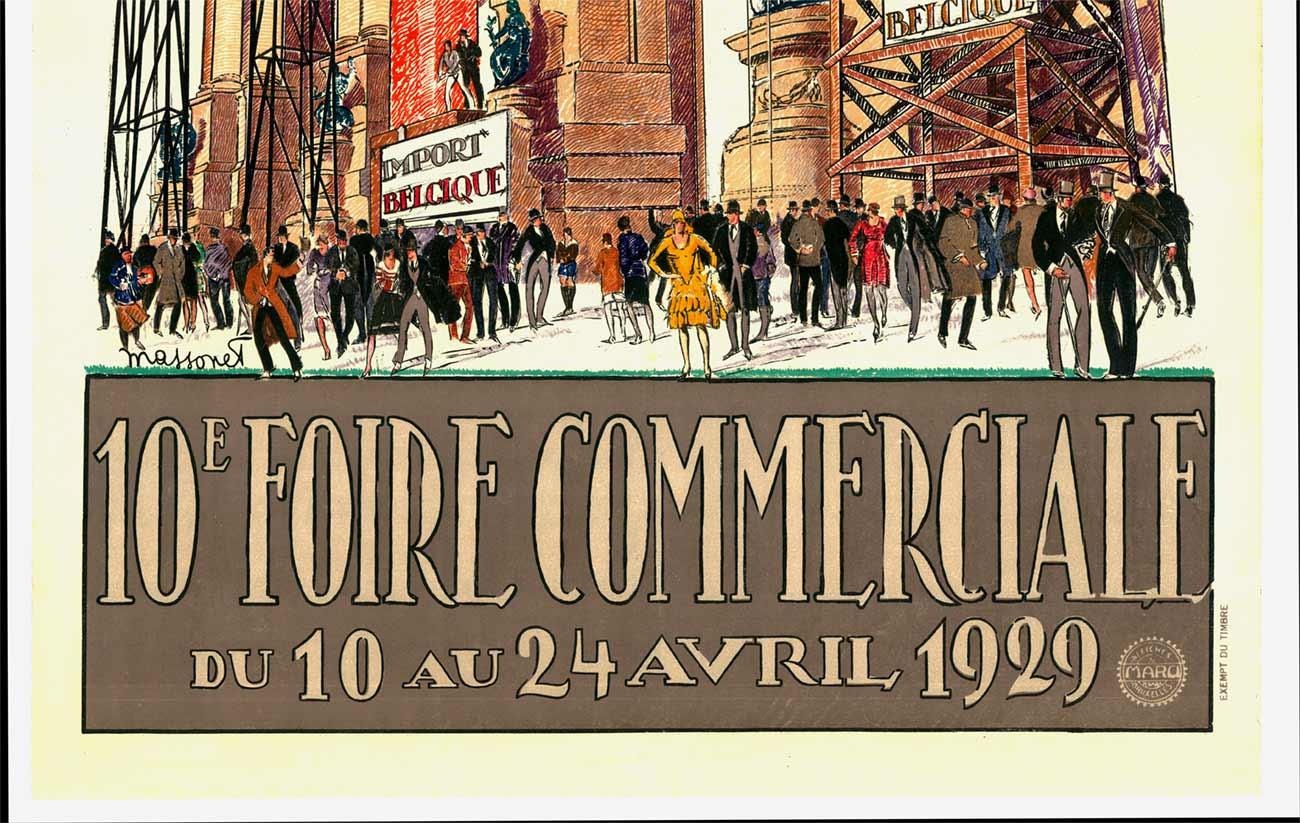 Original 1929 Bruzelles, 10. Foire Commerciale vintage Plakat mit Leinenunterlage (Beige), Landscape Print, von Armand Massonet