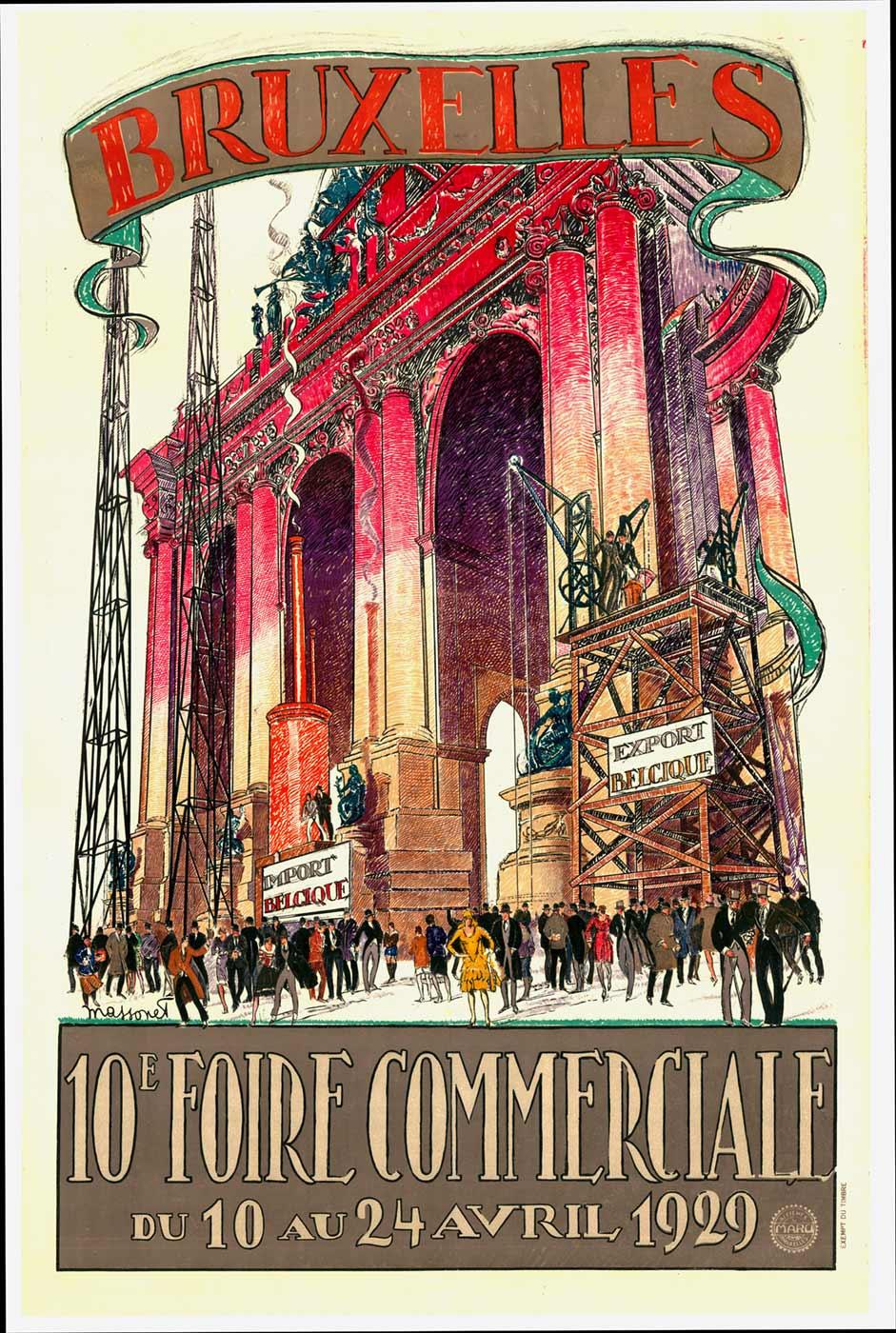 Original de 1929 Bruzelles, 10ª Foire Commerciale cartel vintage con fondo de lino