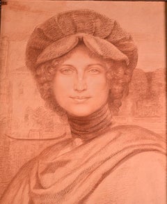 Armand POINT, dessin de préparatoire pour une jeune femme au toque vert, 1905