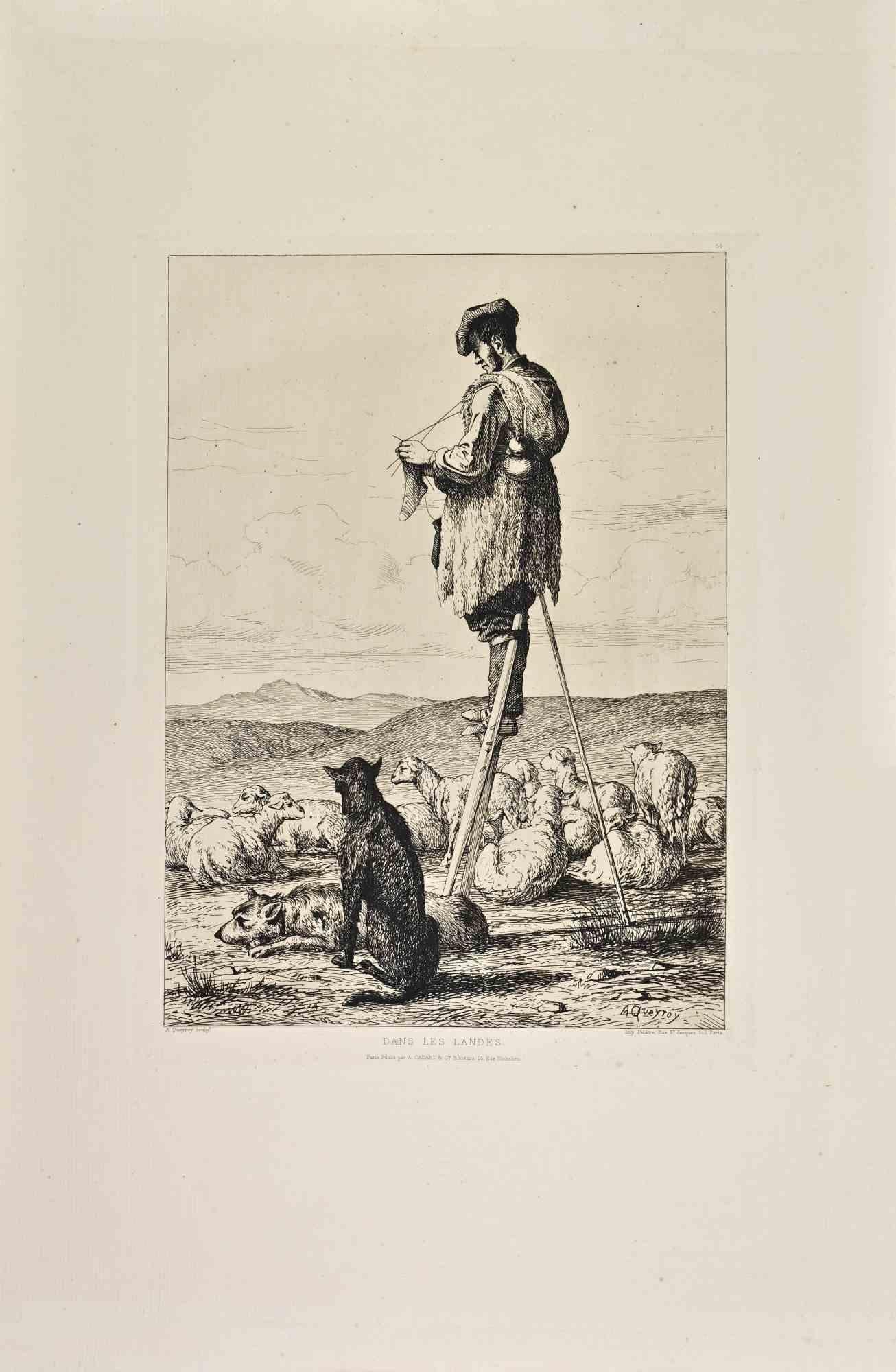 Dans les Landes ist eine Schwarz-Weiß-Radierung von Armand Queyroy aus den 1860er Jahren. 

Im unteren Teil betitelt

Bildgröße: 32x23

Sehr guter Eindruck.

Realisiert für die "Société des Aquafortistes". Die auf Initiative des Verlegers Alfred