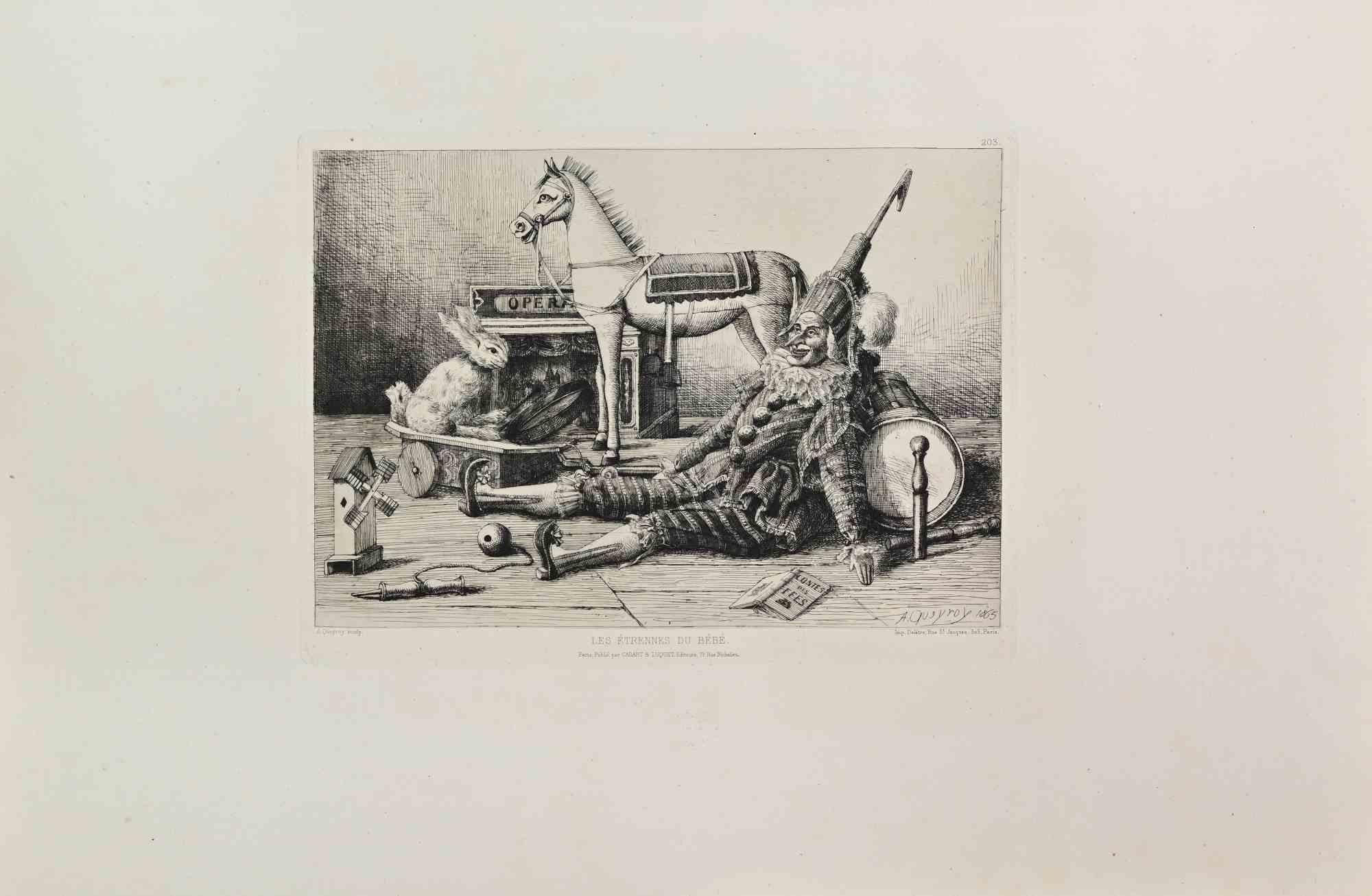 Les  Etrennes du Bebe is a black and White etching realized by Armand Queyroy in the 1860s. 

Titled in the lower.

Image size:21x28.

Very good impression with wide margins and a very fresh inking.

Realized for the "Société des Aquafortistes. Born