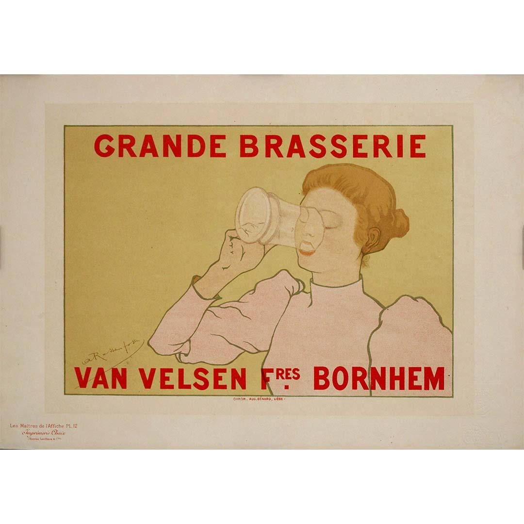 This elegant 1894 lithographic poster by Armand Rassenfosse was created to advertise the Grande Brasserie Van Velsen Frères, a Belgian brewery based in Bornhem. With its minimalist composition and refined palette, the poster perfectly exemplifies