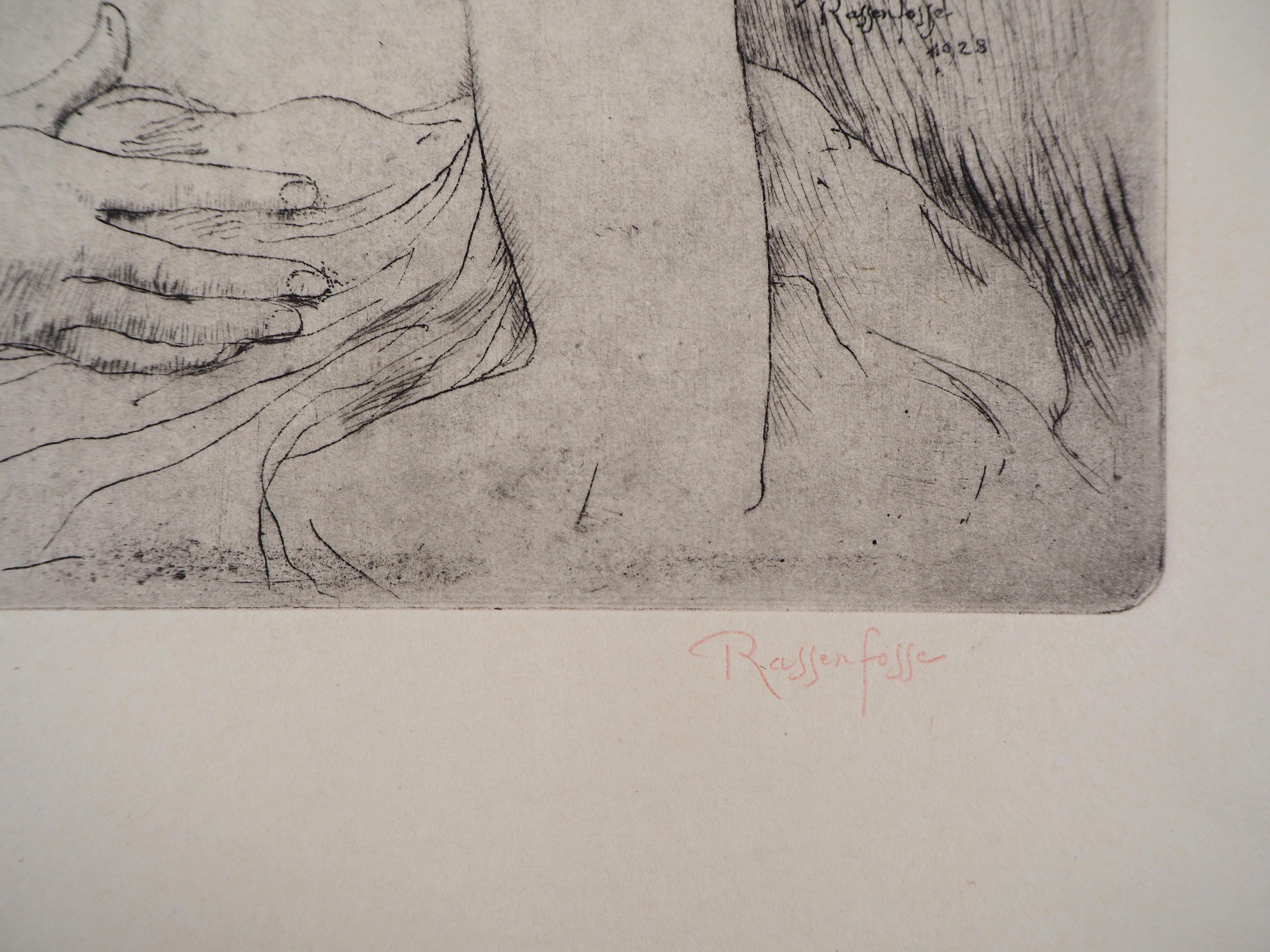 Awaking Model - Original drypoint etching, Handsigned, 1928 - Print by Armand Rassenfosse