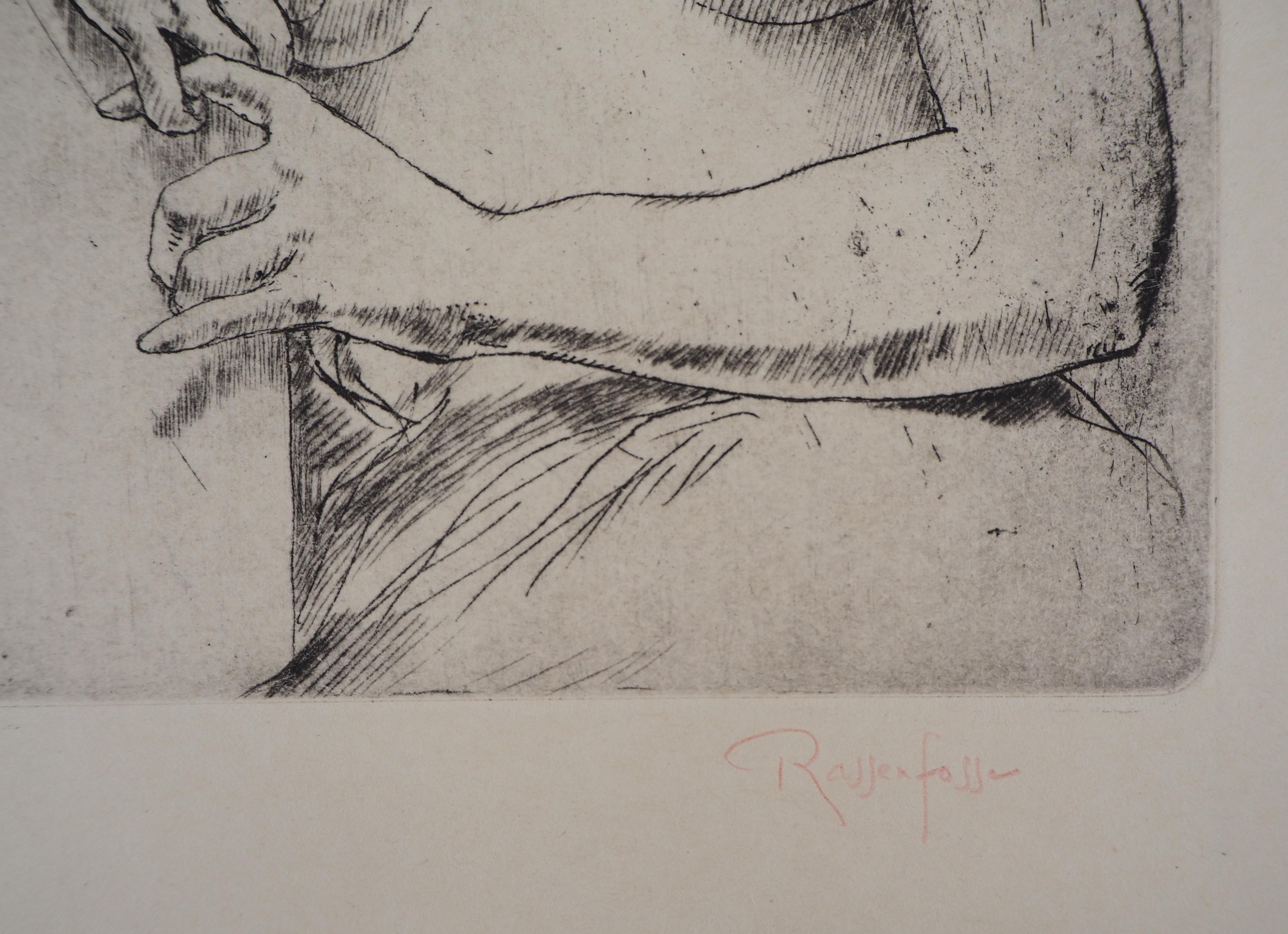 Leaning Nude - Original drypoint etching, Handsigned, 1928 - Print by Armand Rassenfosse