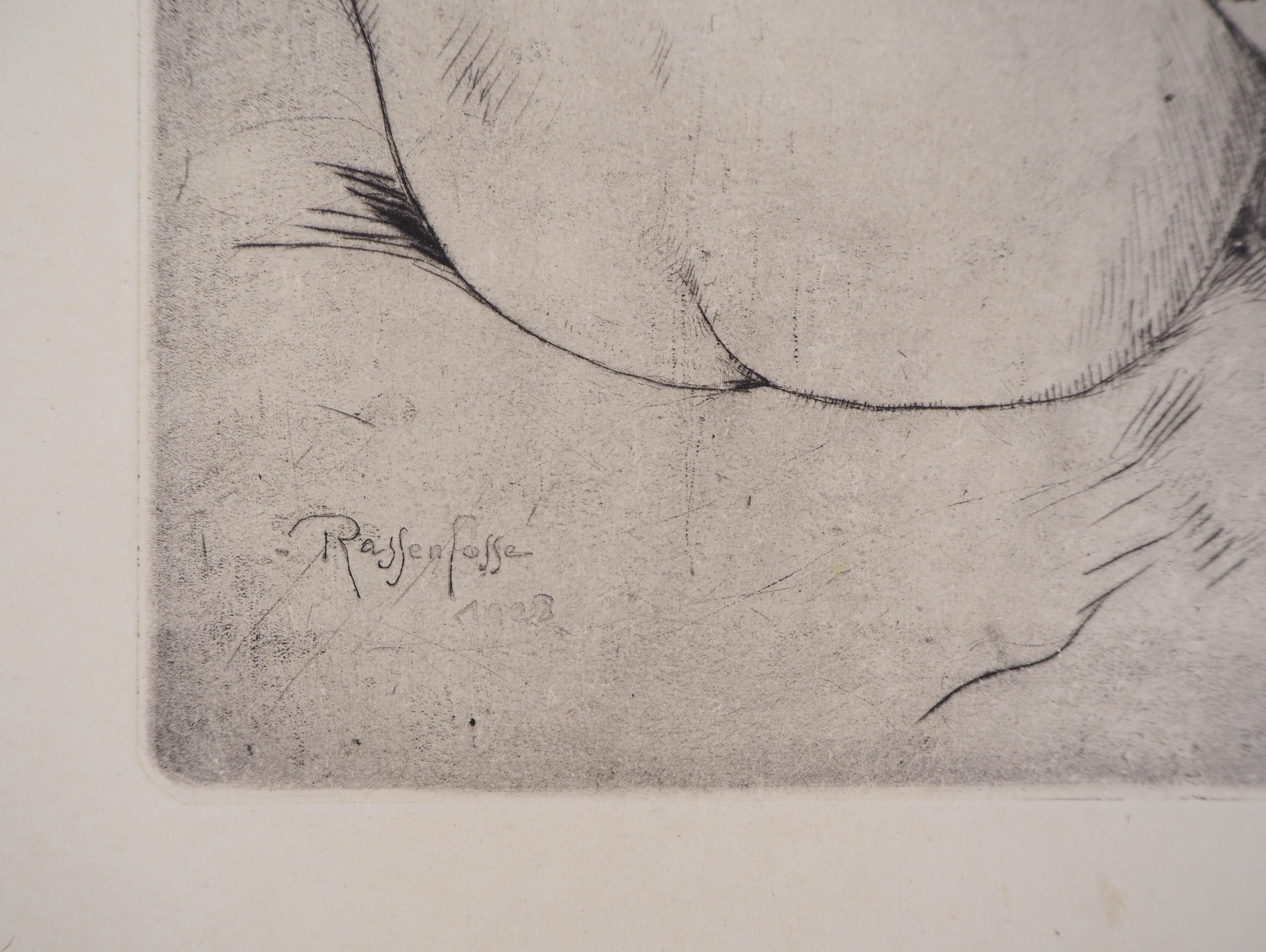 Nude with a Scarf - Original drypoint etching, Handsigned, 1928 - Brown Figurative Print by Armand Rassenfosse