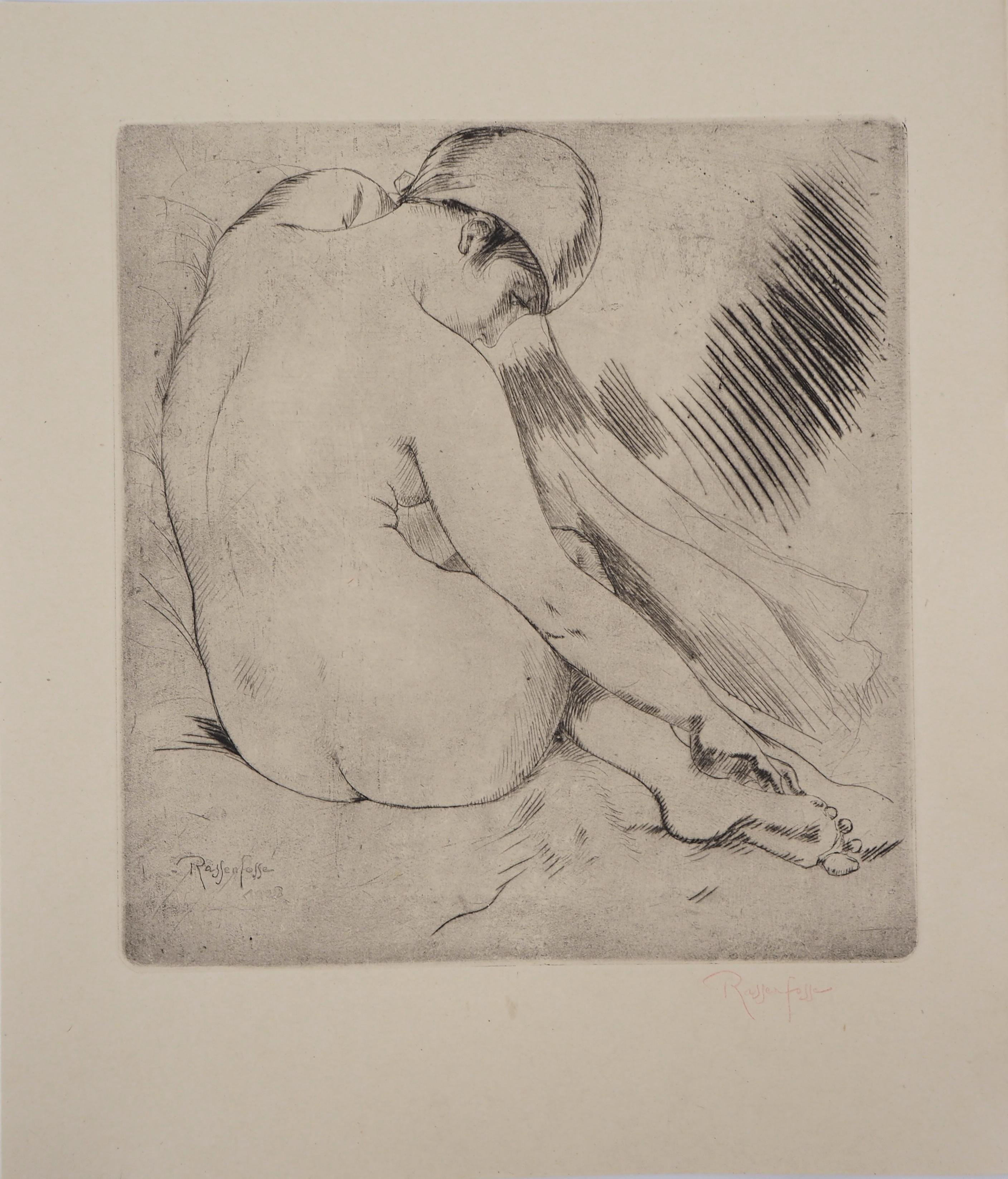 Armand Rassenfosse Figurative Print - Nude with a Scarf - Original drypoint etching, Handsigned, 1928