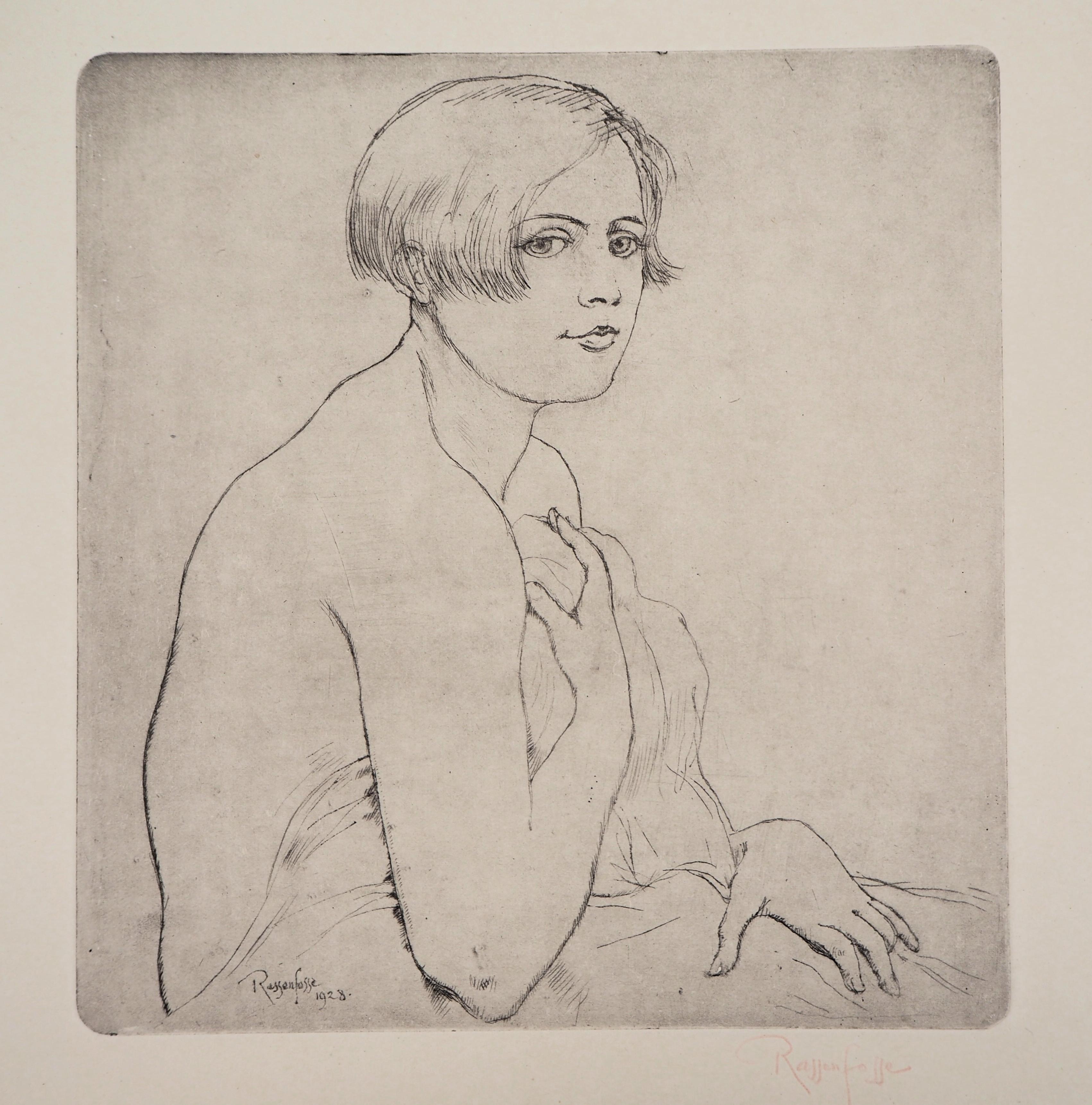 Shy Woman - Original drypoint etching, Handsigned, 1928 - Modern Print by Armand Rassenfosse