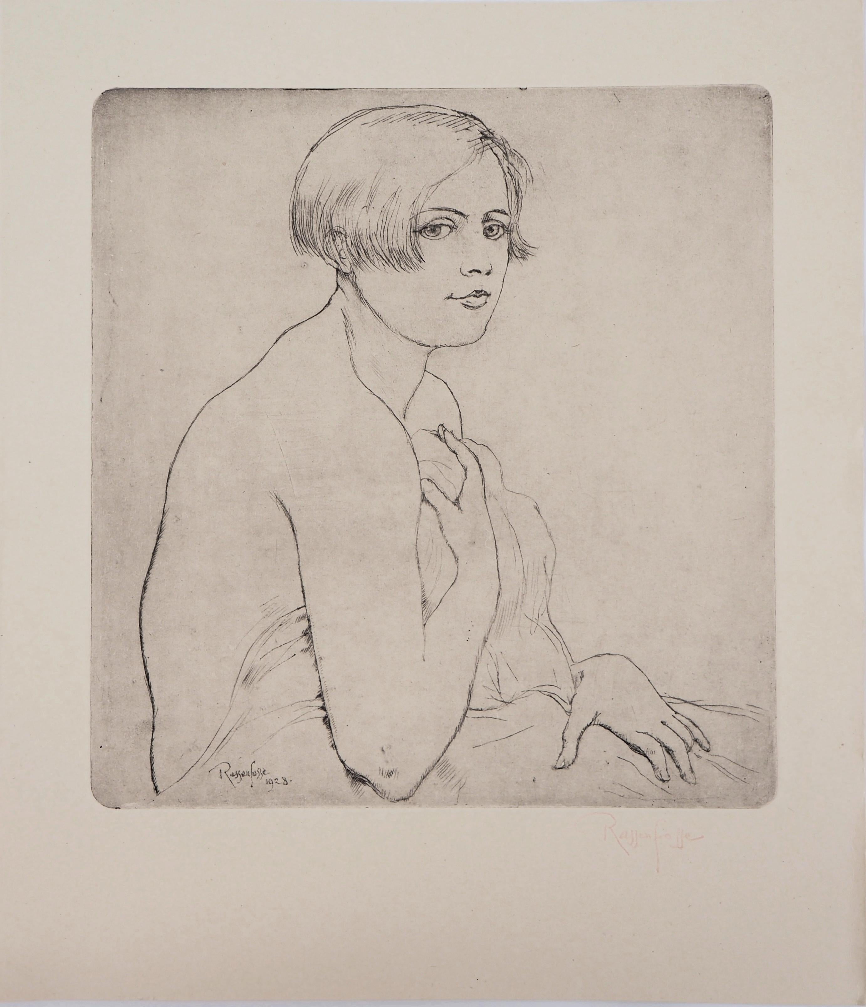 Armand Rassenfosse Figurative Print - Shy Woman - Original drypoint etching, Handsigned, 1928