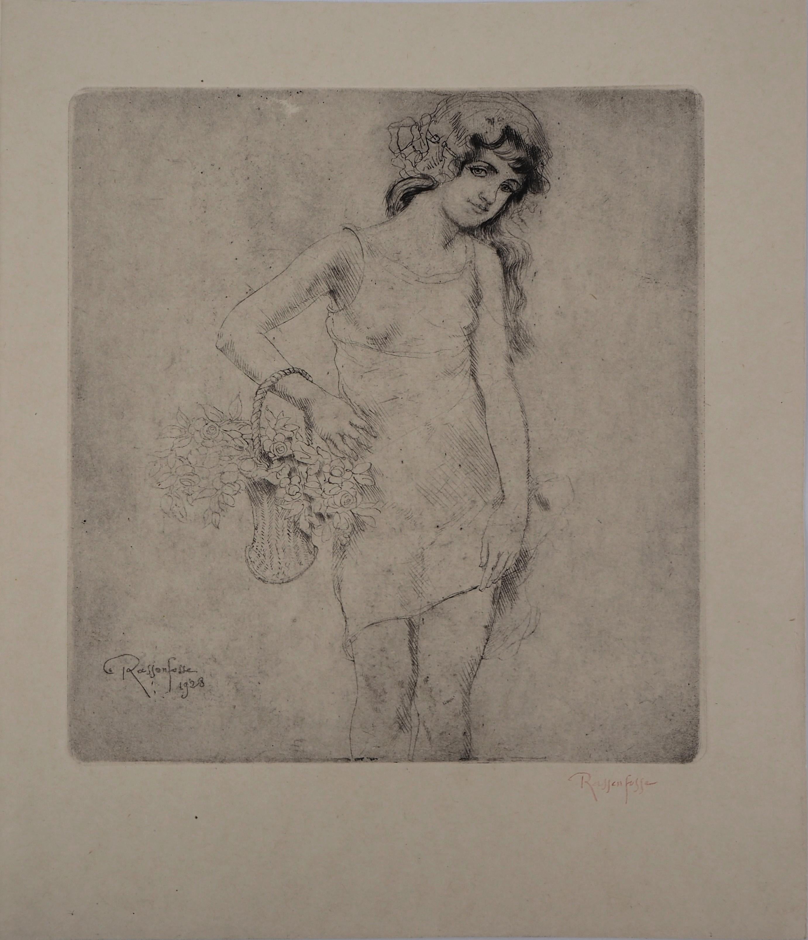 Armand Rassenfosse Figurative Print - Young Girl with Flowers - Original drypoint etching, Handsigned, 1928