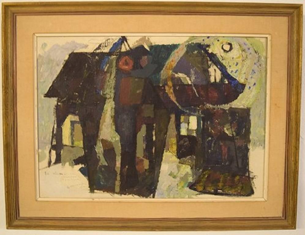 Armand Rossander, Swedish artist (1914-1976), Abstract composition.
Signed A. Rossander, 1952.
Oil on canvas.
Measures: 48 x 34.5 cm.
The frame measures 7.5 cm.