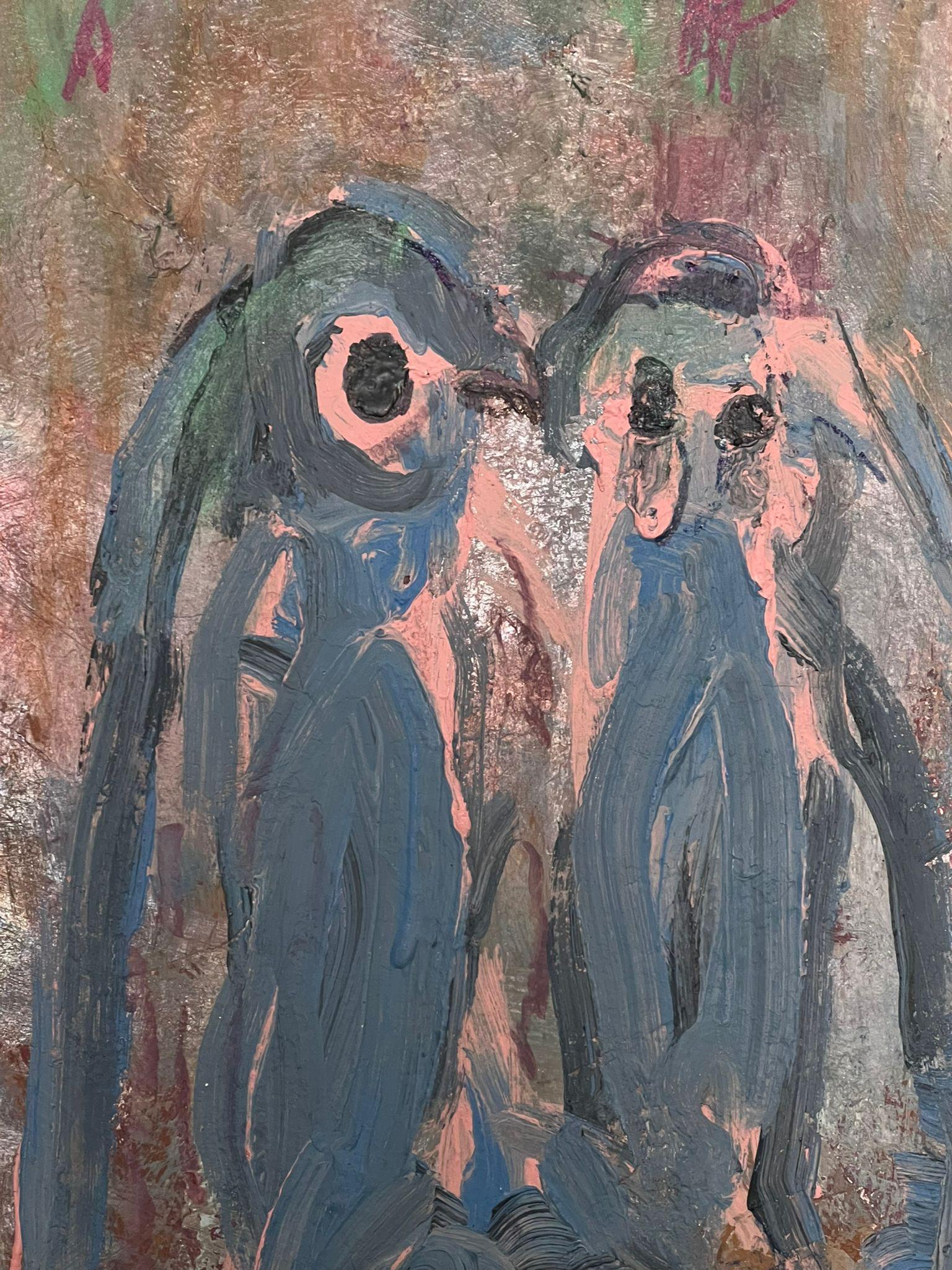 Pittura espressionista astratta di due pinguini capricciosi compagni olio - Abstract Painting Marrone di Armand Rottenberg