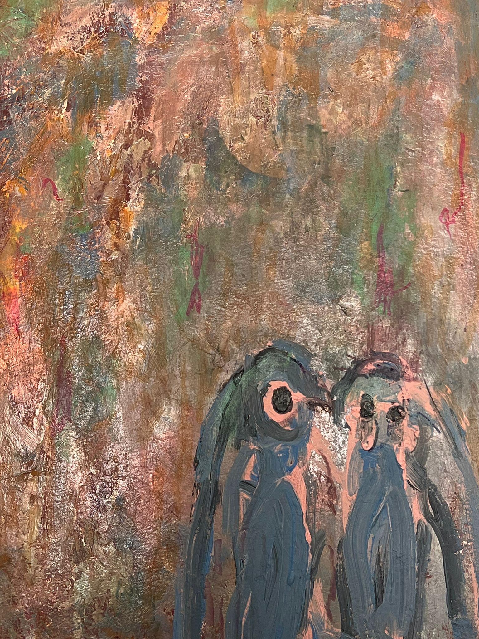 Pittura espressionista astratta di due pinguini capricciosi compagni olio in vendita 1