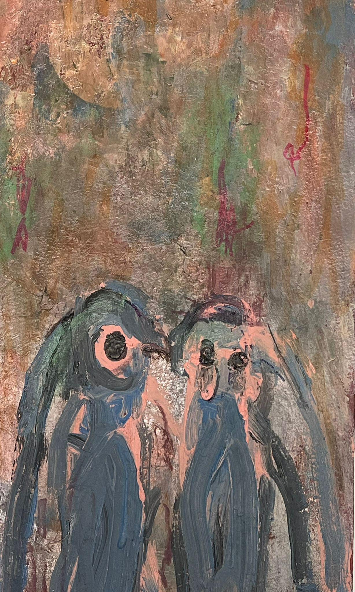 Pittura espressionista astratta di due pinguini capricciosi compagni olio in vendita 3
