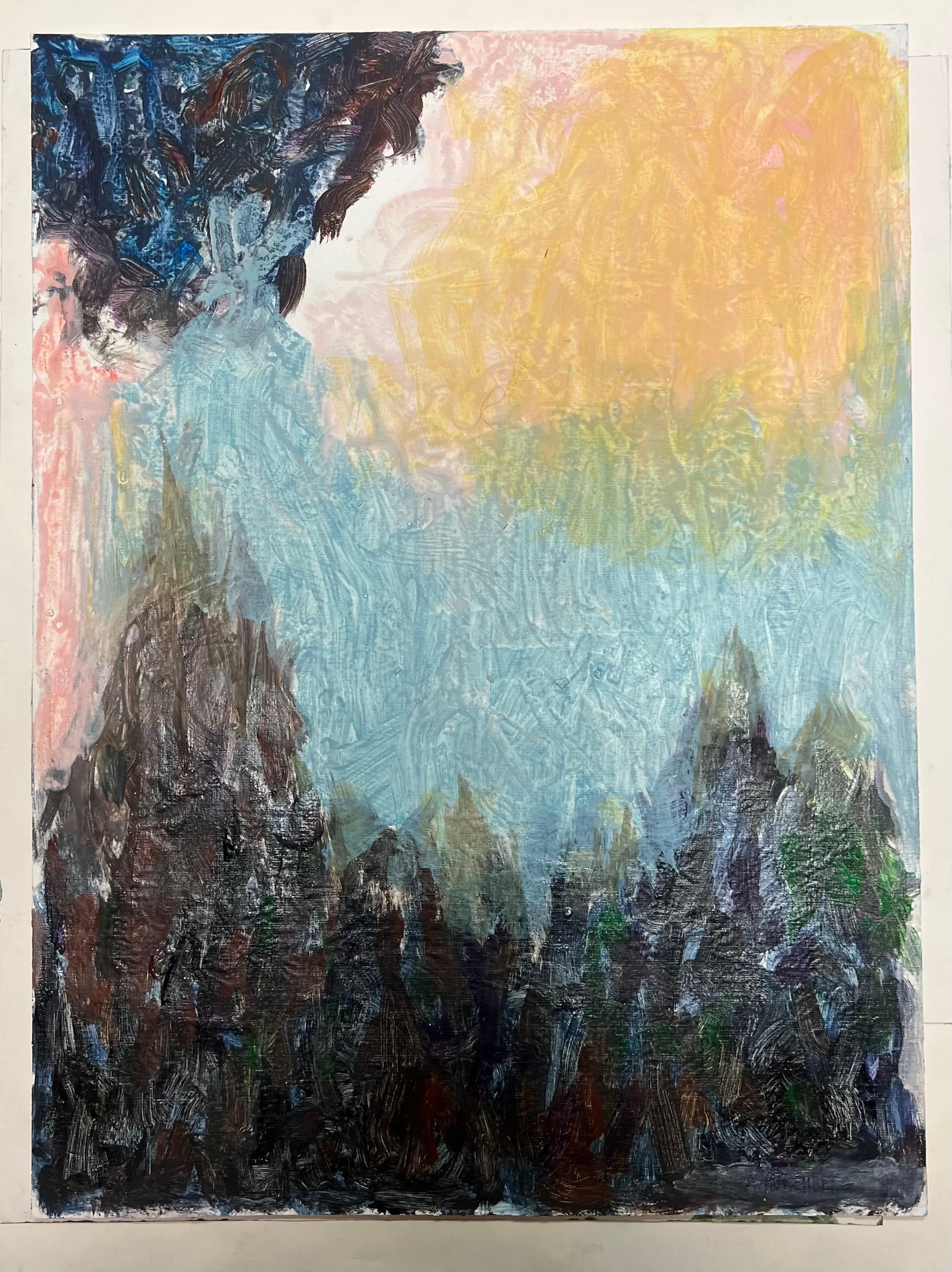 Paesaggio astratto Dreamscape Dawn con montagne strutturate e cielo radioso - Painting di Armand Rottenberg