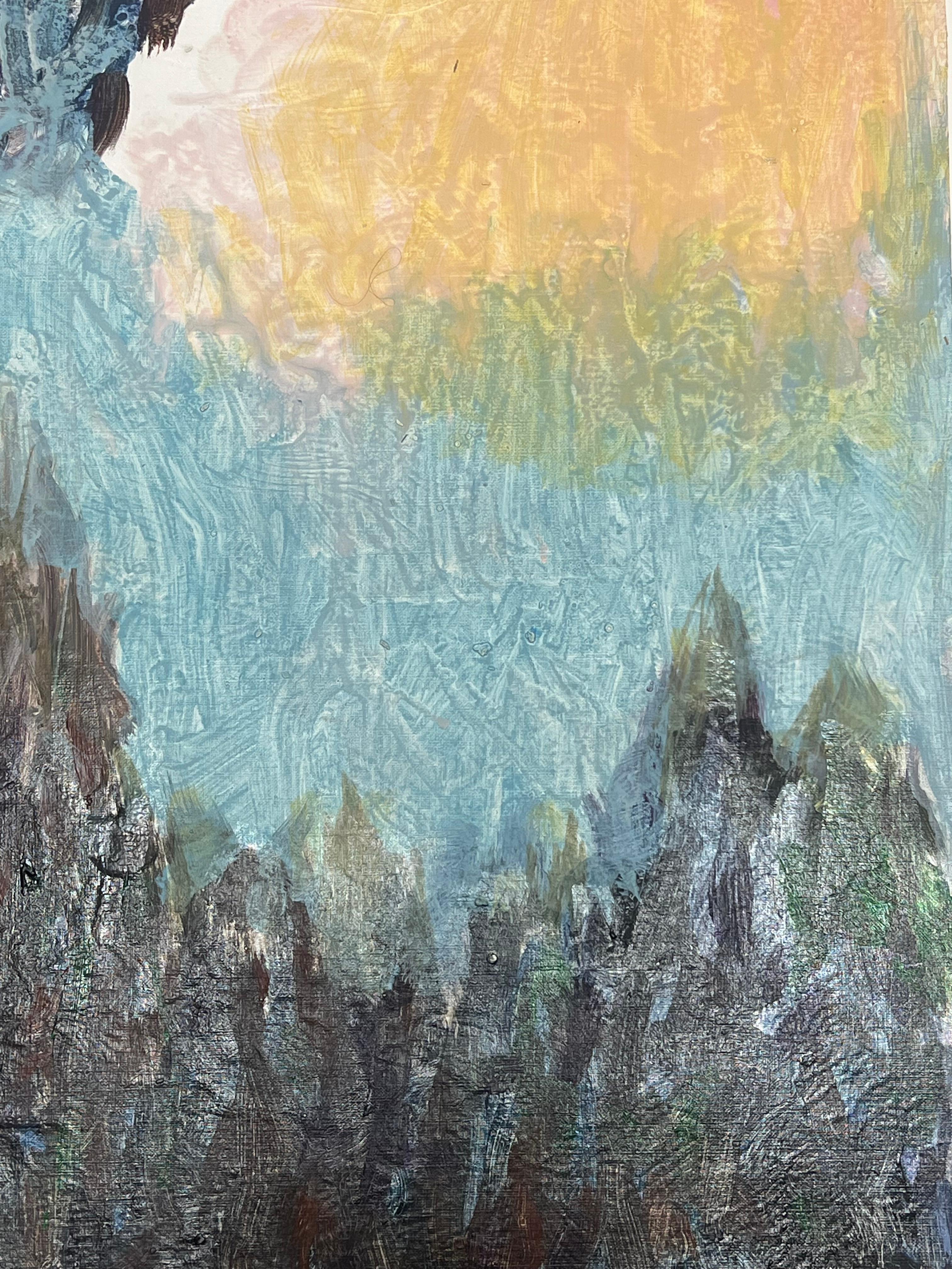 Paesaggio astratto Dreamscape Dawn con montagne strutturate e cielo radioso in vendita 1