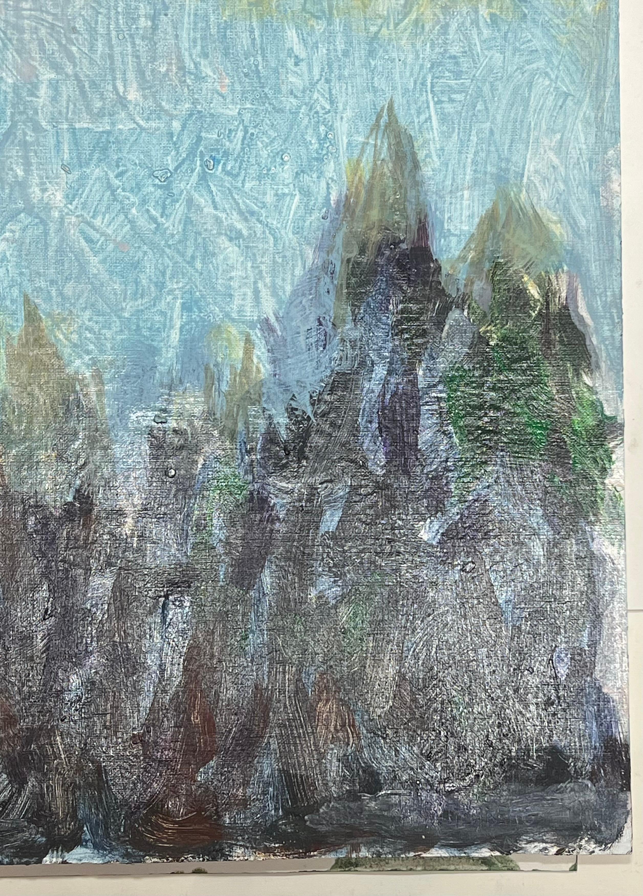 Paesaggio astratto Dreamscape Dawn con montagne strutturate e cielo radioso in vendita 2