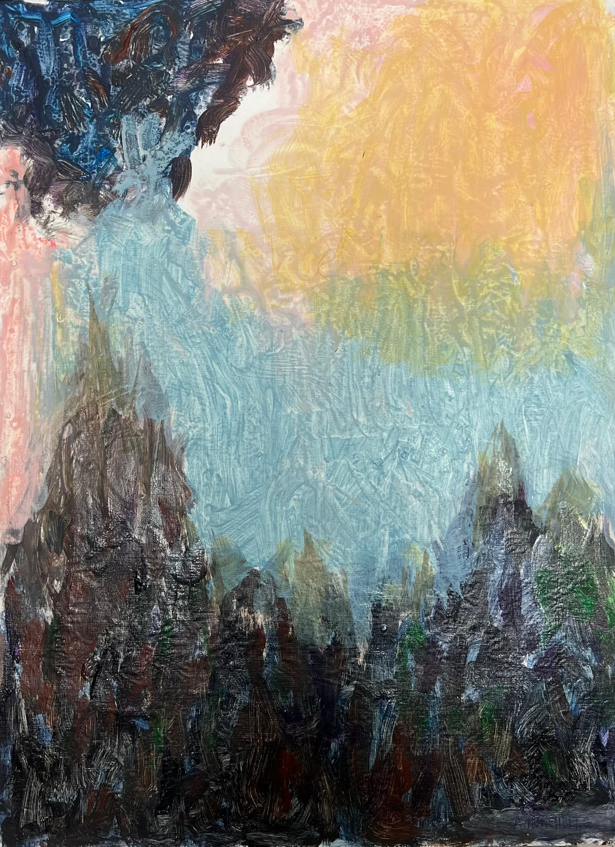 Abstract Painting di Armand Rottenberg - Paesaggio astratto Dreamscape Dawn con montagne strutturate e cielo radioso