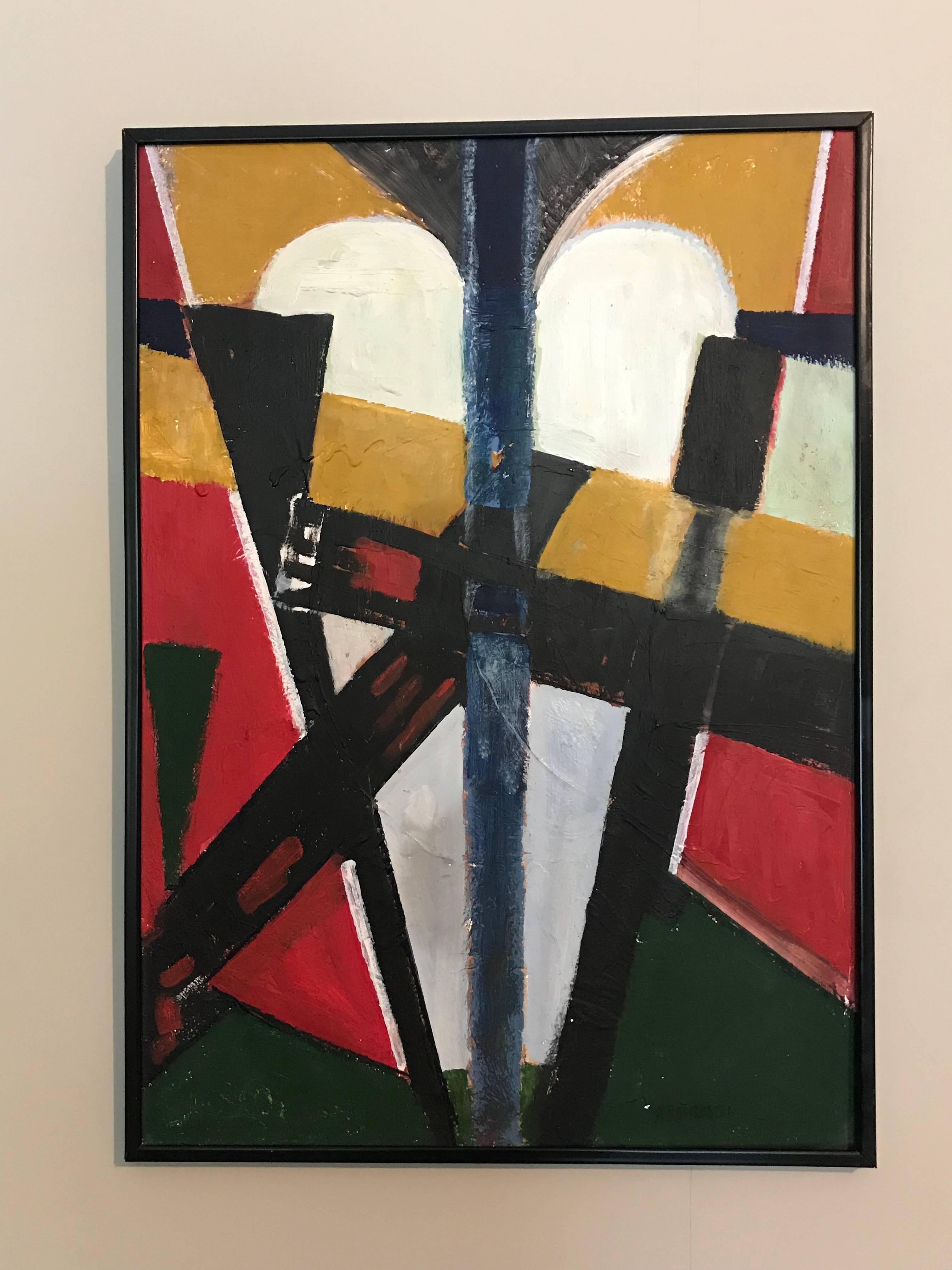 Abstraktes kubistisches Ölgemälde in Rot, Grün und Weiß, Französisch – Painting von Armand Rottenberg