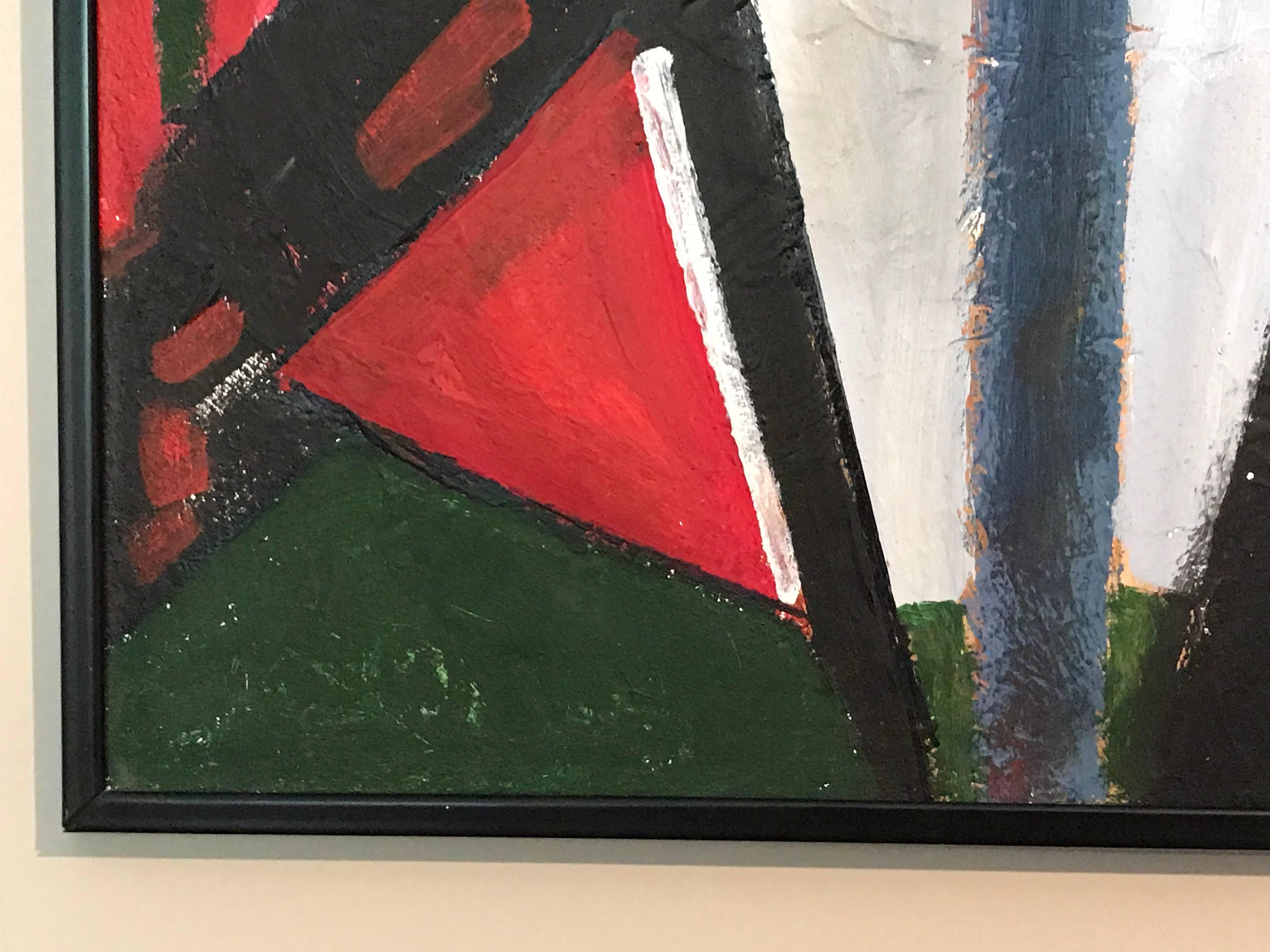 Abstraktes kubistisches Ölgemälde in Rot, Grün und Weiß, Französisch (Schwarz), Abstract Painting, von Armand Rottenberg