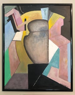 Peinture à l'huile abstraite cubiste française Roses doux avec noir et jaune