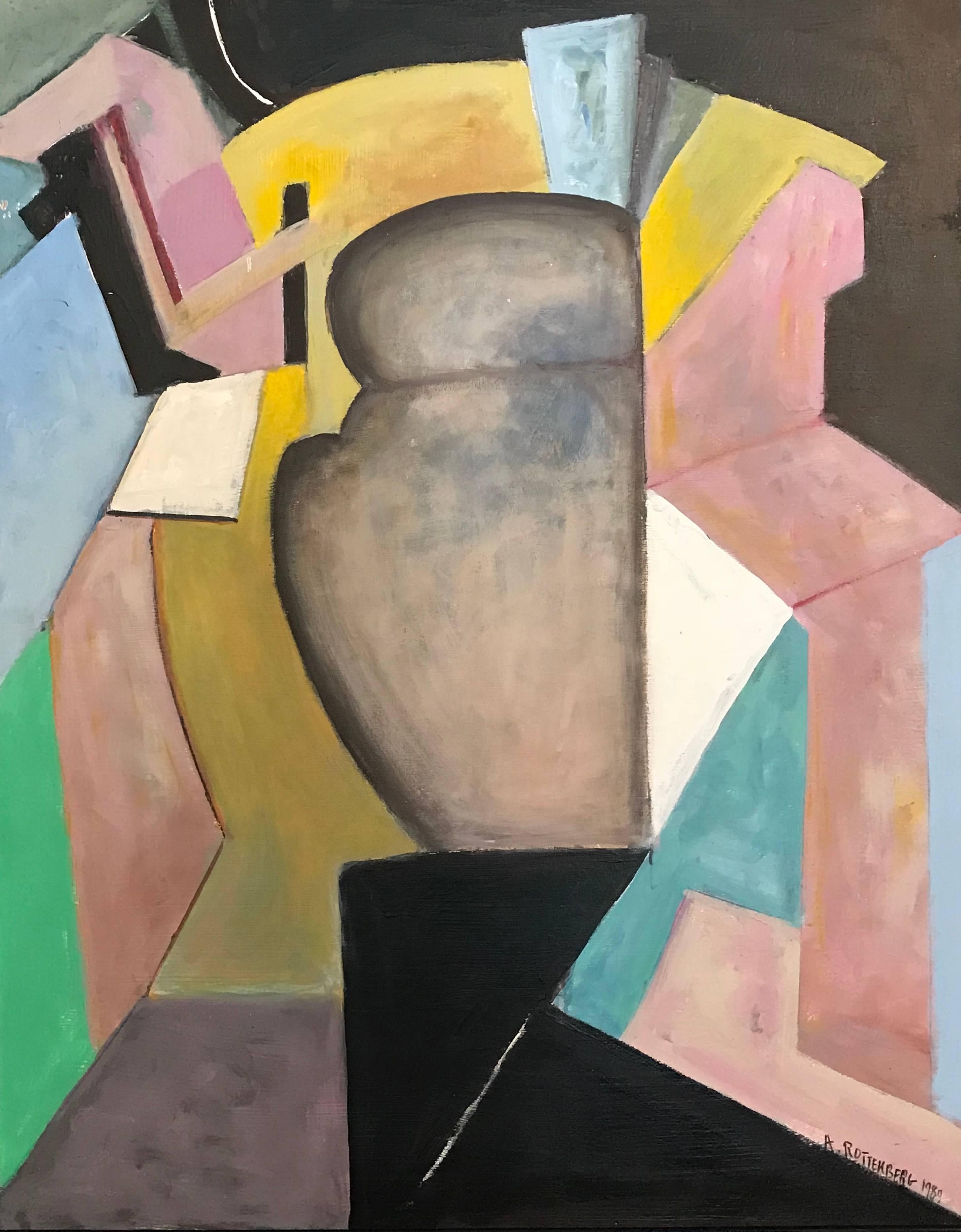 Armand Rottenberg Abstract Painting - French Cubist Abstract Oil Painting Soft Pinks with Black and Yellow