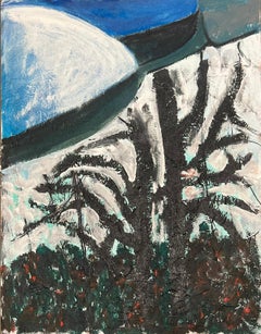 French Expressionist Abstract Painting Textured Trees and Snowy Mountains