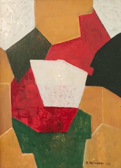 Enorme pittura ad olio astratta cubista francese a 6 colori