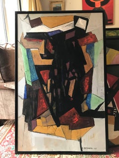 Enorme Óleo Cubista Francés Abstracto Verdes Negros y Rojos