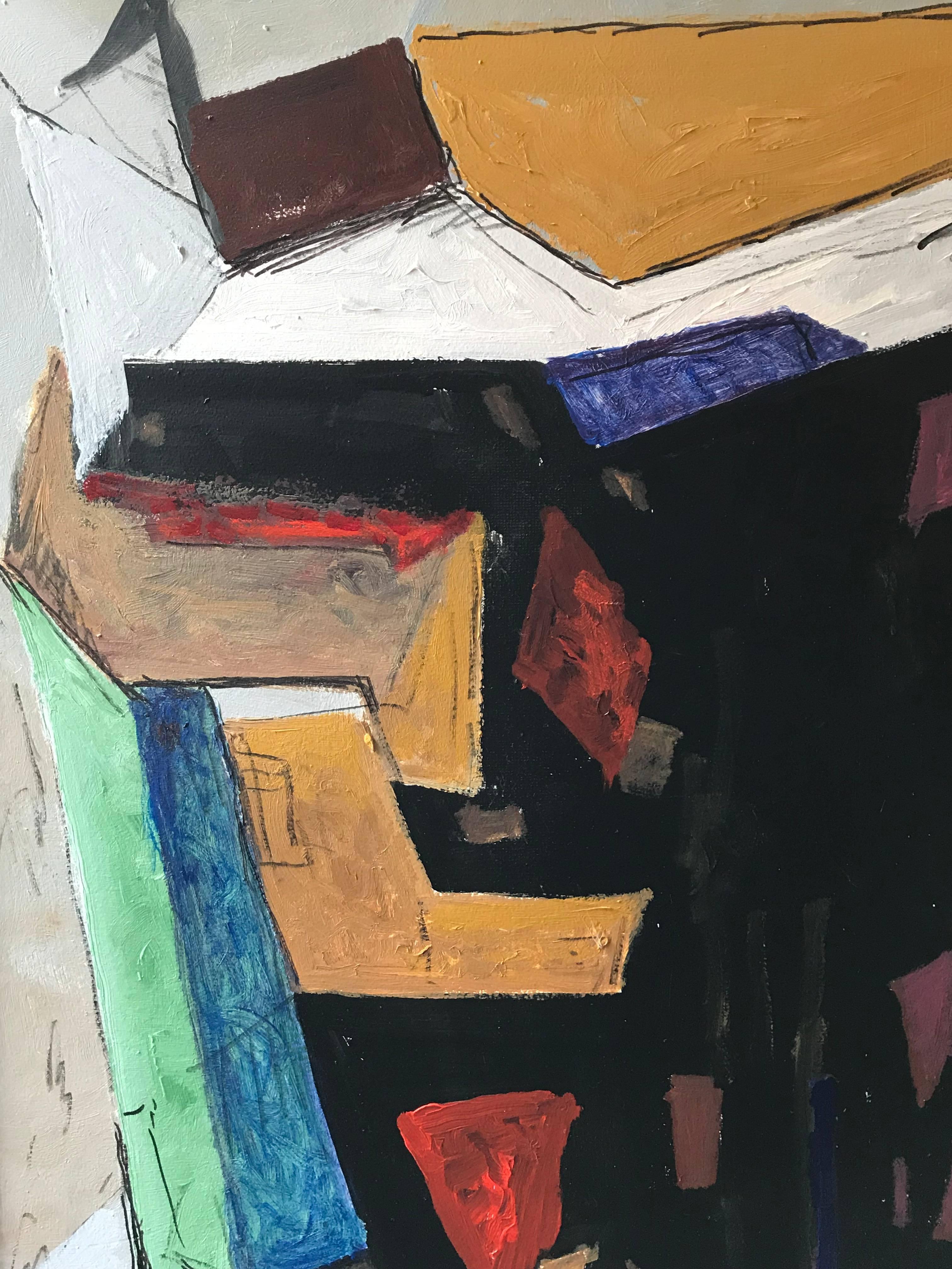 Enorme quadro cubista francese astratto a olio Greene & Greene & Greene - Abstract Painting Nero di Armand Rottenberg
