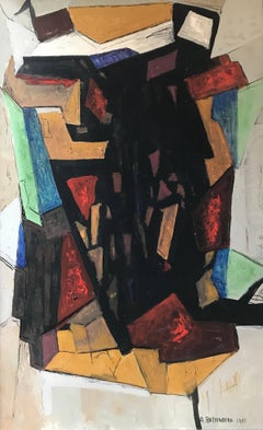 Huge French Cubist Abstract Oil Painting Greens Blacks and Reds