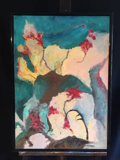 Grande peinture à l'huile abstraite turquoise de l'expressionniste français