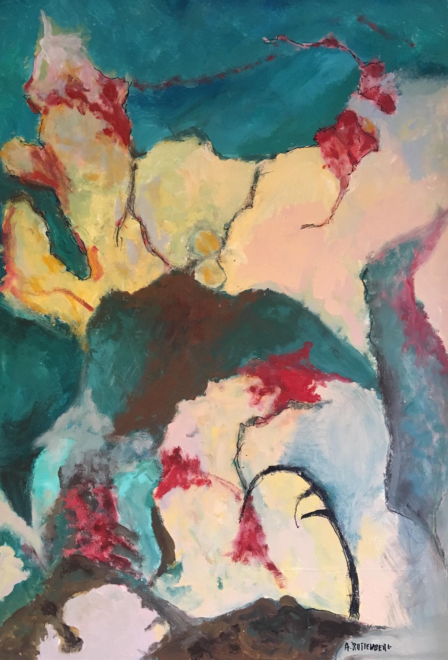 Grande peinture à l'huile abstraite turquoise de l'expressionniste français 