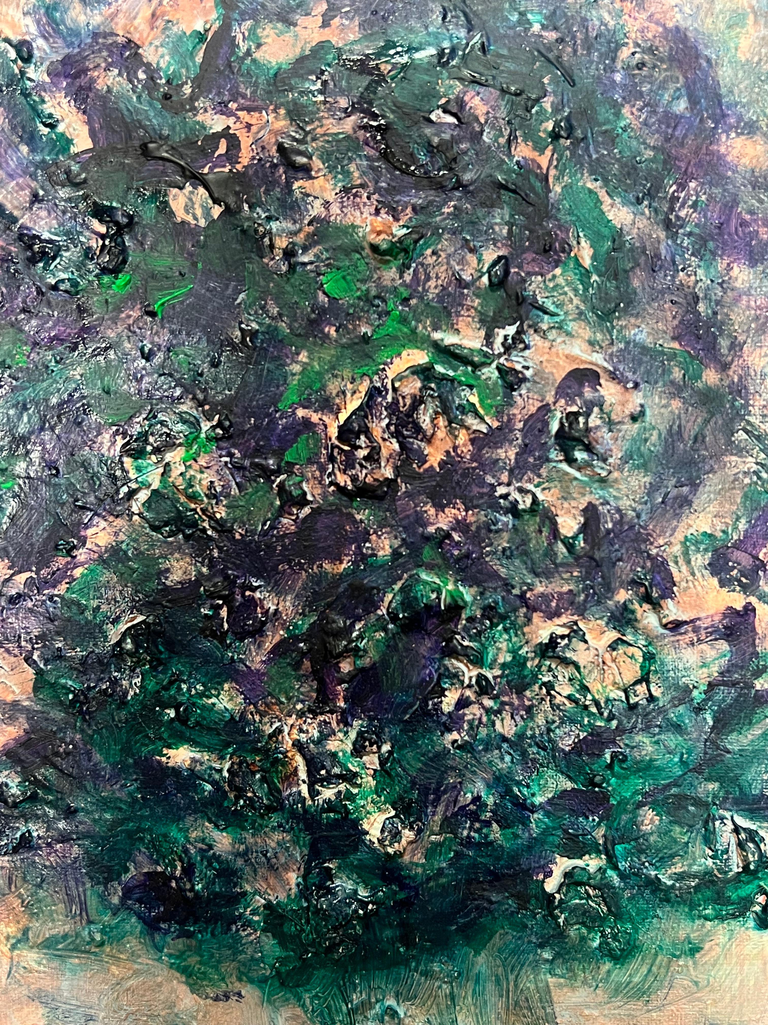 Pittura organica con texture floreale astratta di colore verde e rosa - Landscape Painting Marrone di Armand Rottenberg