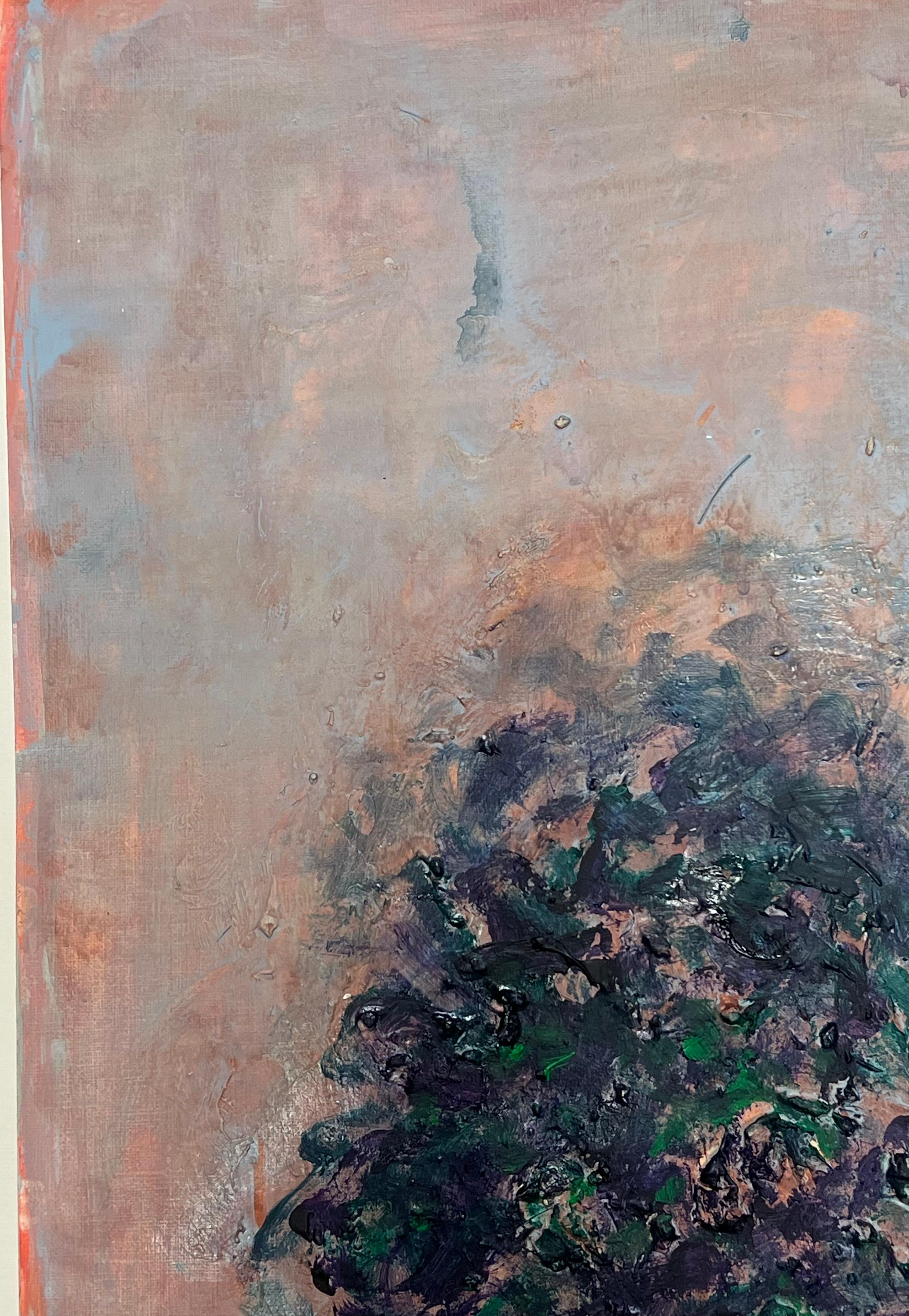 Pittura organica con texture floreale astratta di colore verde e rosa in vendita 2