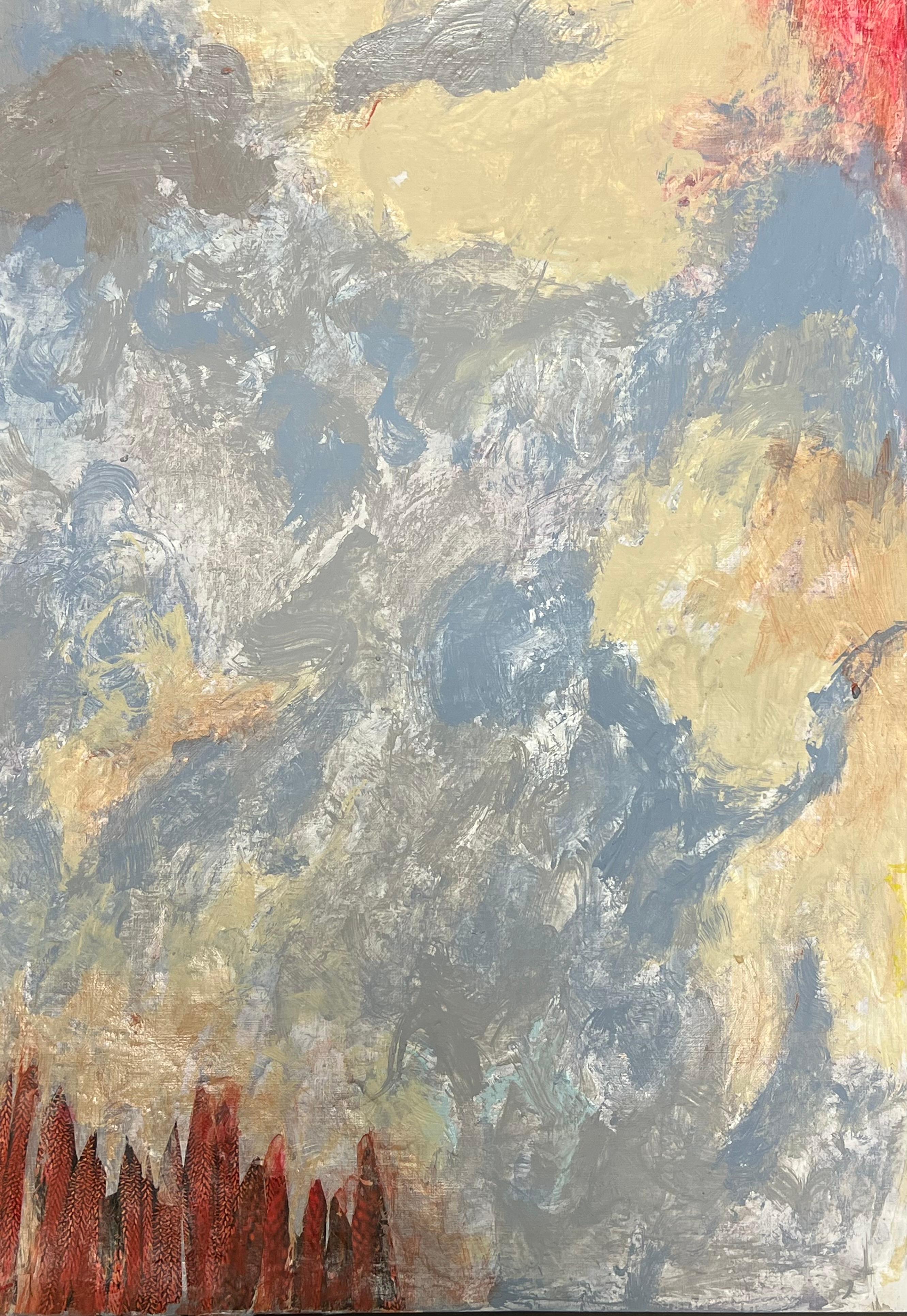 Susurros del atardecer Paisaje abstracto con cielo dramático y tonos carmesí Pintura al óleo en venta 1