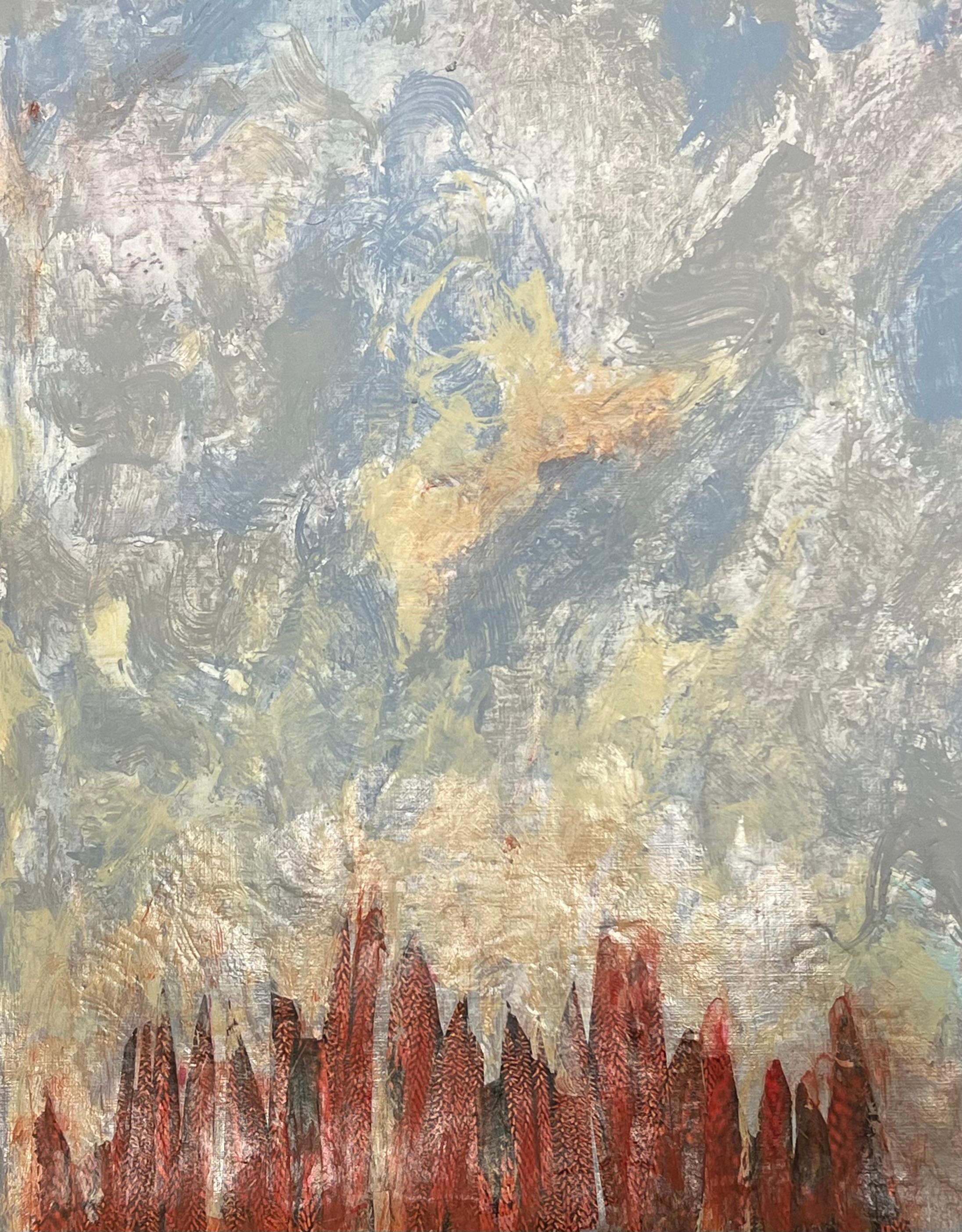Susurros del atardecer Paisaje abstracto con cielo dramático y tonos carmesí Pintura al óleo en venta 2