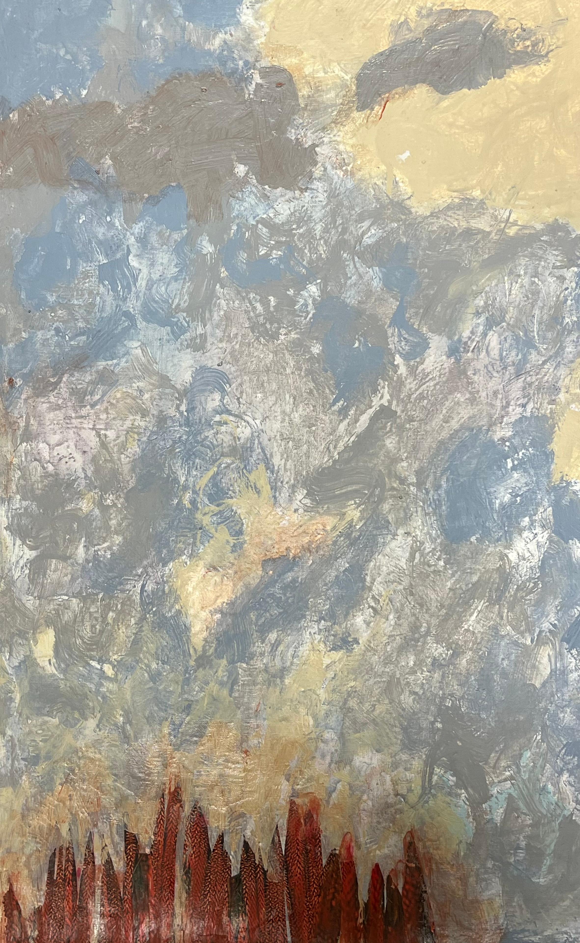 Susurros del atardecer Paisaje abstracto con cielo dramático y tonos carmesí Pintura al óleo en venta 3