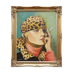 Green, Yellow, and Red Abstract Figurative Portrait of Woman With Leopard Print