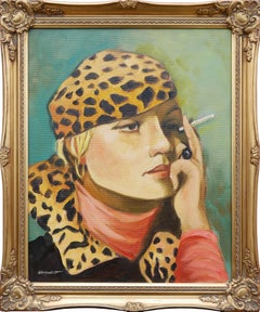 Abstraktes figuratives Porträt einer Frau mit Leopardenmuster in Grün, Gelb und Rot