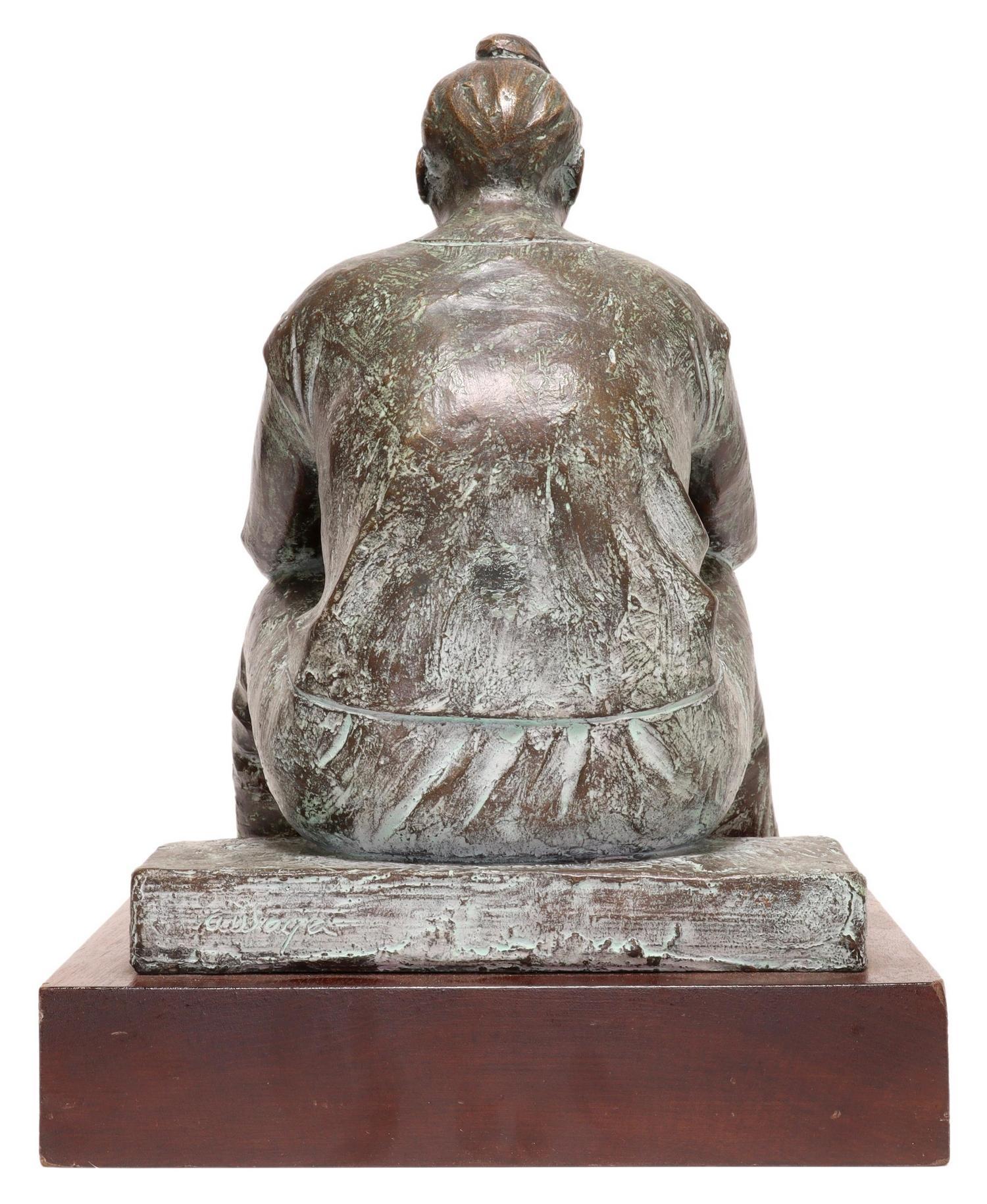 Martha de Tehuana en un Banco (Martha On The Bench)
Bronze sculpture, signed, original gallery label edition 1/11
Sculptor Armando Amaya was born in Mexico City in 1935, He studied at the National School of Painting and Sculpture under Jose Ruiz and
