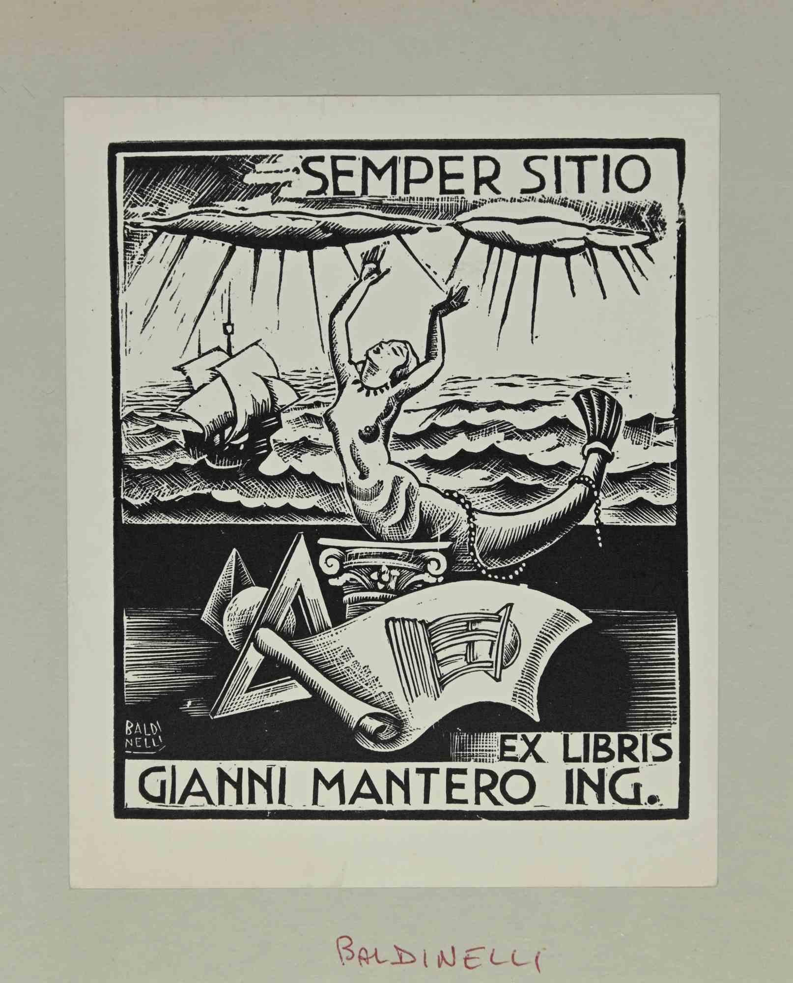 Ex Libris - Gianni Mantero Ing. is an Artwork realized in 1930 s.  by the Italian Artist Armando Baldinelli (1908-2002).

Woodcut on paper. Signed on plate on the left corner.

The work is glued on colored cardboard. Total dimensions: 19x 15