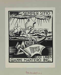 Ex Libris - Gianni Mantero Ing. - Woodcut by Armando Baldinelli - 1930s