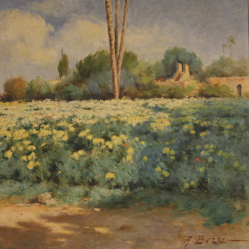 Italienische Malerei aus der ersten Hälfte des 20. Jahrhunderts. Öl auf Leinwand Kunstwerk, das eine helle Ansicht mit dem Titel Chrysanthemen in der Oase von Tripolis darstellt, signiert unten rechts A. Bezzi (siehe Foto). Gemälde, das dem