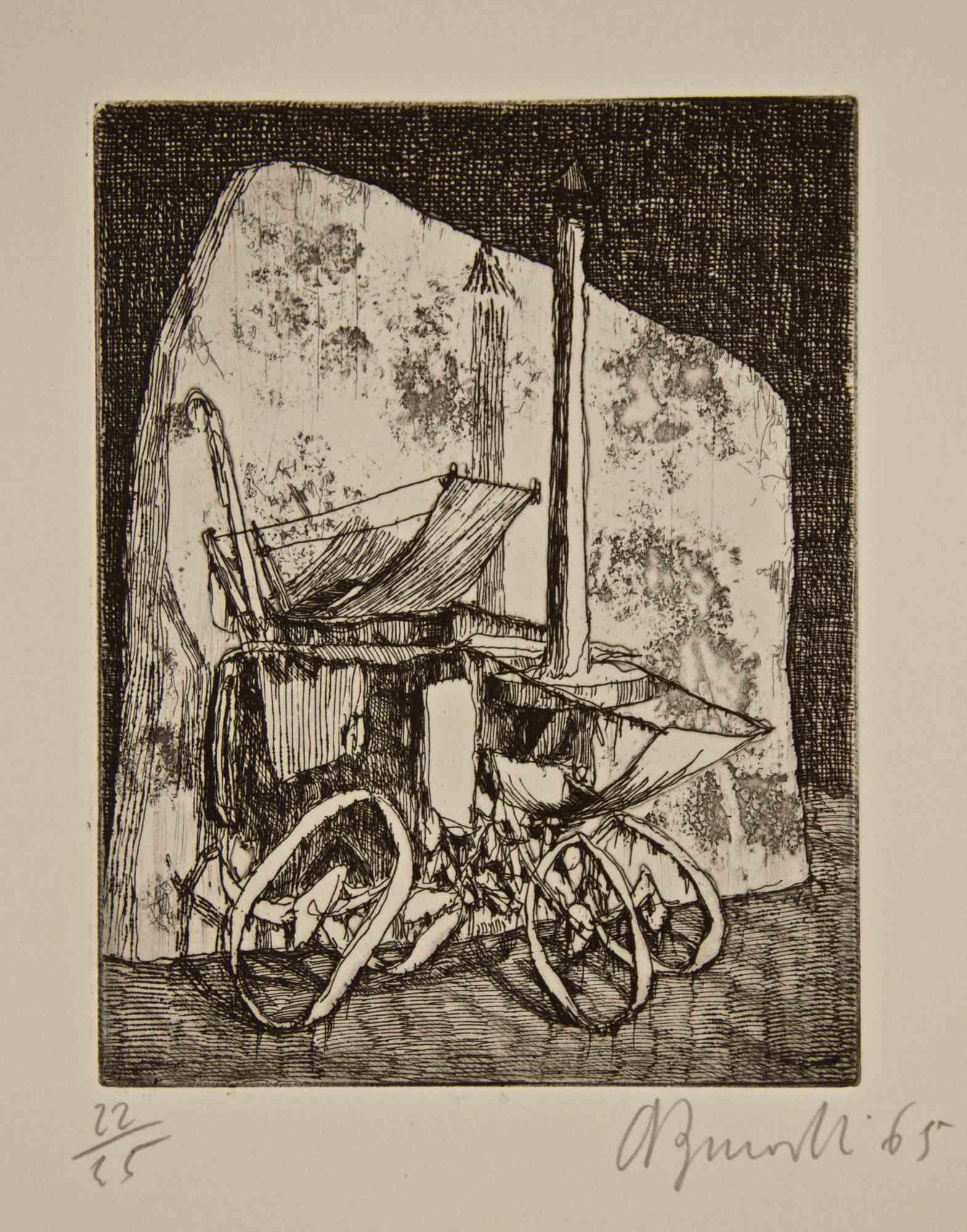 Bétonnière et mur - Gravure d'Armando Buratti - 1965